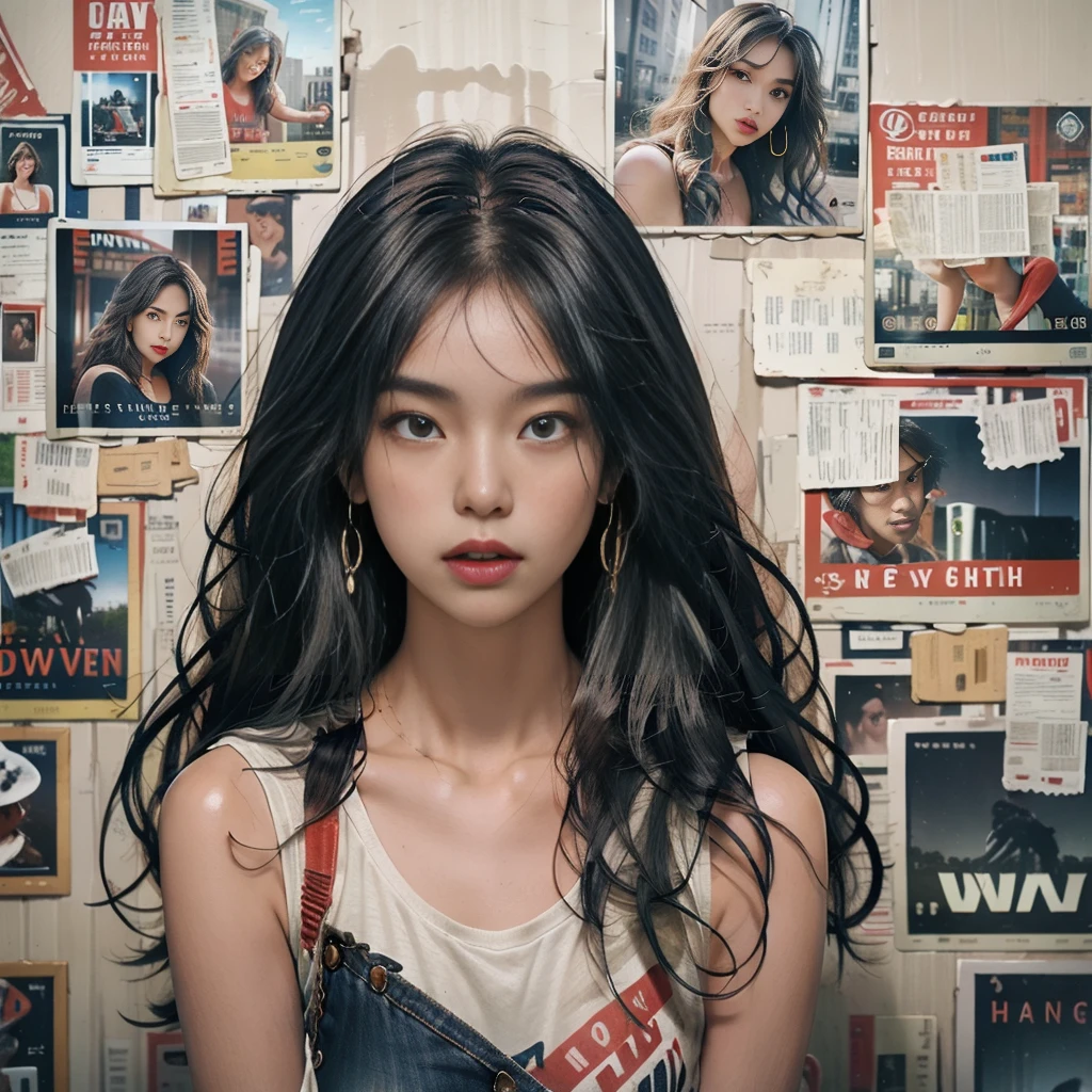 A serene evening atmosphere in a small studio with peeling white walls revealing the bricks underneath. The lighting is ample. A young female artist of Thai- Chinese descent, with dreadlocks and large headphones, is dressed in a Bohemian-style shirt and denim shorts. She is painting an oil portrait of a voluptuous woman with long copper hair adorned with a crown. The artist, with a calm demeanor, carefully blends vibrant colors, reflecting elegance and beauty. The backdrop of the small studio is filled with brushes, palettes, a coffee cup, and an ashtray with a lit cigarette. The evening sunlight adds depth and dimension to the scene.