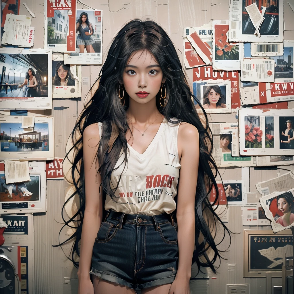 A serene evening atmosphere in a small studio with peeling white walls revealing the bricks underneath. The lighting is ample. A young female artist of Thai- Chinese descent, with dreadlocks and large headphones, is dressed in a Bohemian-style shirt and denim shorts. She is painting an oil portrait of a voluptuous woman with long copper hair adorned with a crown. The artist, with a calm demeanor, carefully blends vibrant colors, reflecting elegance and beauty. The backdrop of the small studio is filled with brushes, palettes, a coffee cup, and an ashtray with a lit cigarette. The evening sunlight adds depth and dimension to the scene.