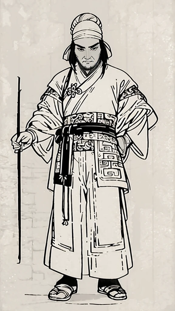 (((Monochrome)))、(((Ink Painting)))、((ancient China、Tying up hair、Handsome young man wearing a white swimming cap))、Holding a long stick in his arms、(((Hands on hips))),Line art、Oriental、Ultra-high resolution、Game Poster、Crisp and beautiful image quality、whole body ,(ancient China鎧, Dragon head on shoulder, (ancient China鉄鎧 with intricate pattern:1.2), gloves, Long trousers, (Very detailed, bloom:1.5), (Highest quality, Concept Art, 4K), (analog:1.2), (high sharpness), (Detailed pupil:1.1), Detailed face and eyes, masterpiece, Highest quality,8k, (Black Hair, Dynamic Short Hair), (PurerosFace_v1:0.2), [:(Detailed face:1.2):0.2], sharp, Realistic Shadows,  