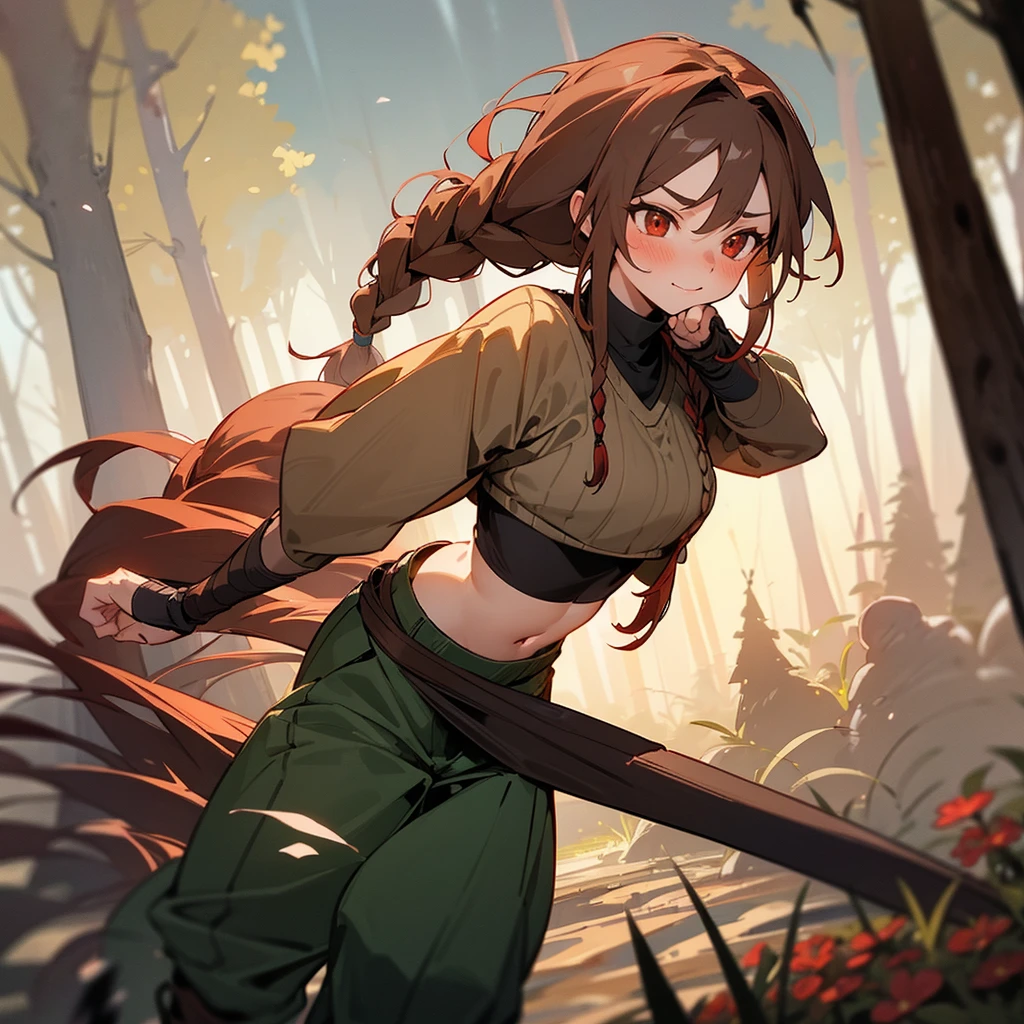 1female, sexy, , finely detailed red eyes, wild long hair, braided hair, brown color hair, adventurer gear, crop top sweater, baggy combat pants, night time, dark forest, excited expression, flowers, blushing, standing on path, lanturns