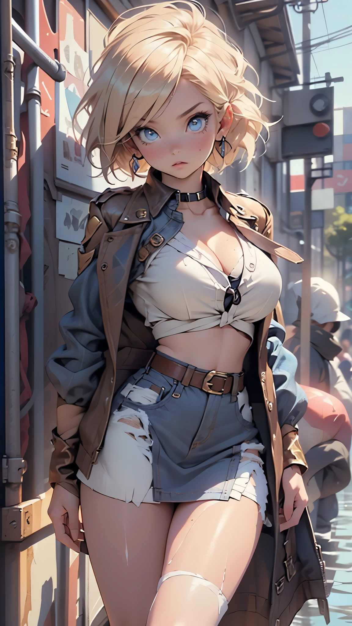 (((Android-18 from Dragon Ball Z))),Android 18,girl,(((1girl))),
(large breasts:1.4),saggy breasts,(((very straight short blonde hair,))),(((blue_eyes:1.3))),intricate eyes,beautiful detailed eyes,symmetrical eyes,big eyes:1.3,((fat)),(((lustrous skin:1.5,bright skin: 1.5,skin tanned,shiny skin,very shiny skin,shiny body,plastic glitter skin,exaggerated shiny skin,illuminated skin,wet legs))),(spider lower abdomen,narrow waist,wide hip,athletic body,inflated legs, thick thighs,detailed body,(detailed face)),big ass, thick thighs, slim curves, good anatomy,thick legs,
cute,slutty,seductive,erotic,(nsfw),stern facial expression,frown
((wearing a blue denim jacket and a shirt cropped white, open denim jacket,open clothes,open jacket,cleavage,collar bone,crop top)),((long sleeves,white sleeves,striped sleeves)),(midriff,navel),belt,(((blue jean skirt lifted,blue skirt,miniskirt))),,earring,
(dynamic pose:1.0),solo focus,,(centered,scale to fit dimensions,Rule of thirds),
((steampunk,industrial revolution)),scenery:1.25,((intricate scenery)),((steampunk, background)),
(Glossy steampunk ornaments),highres,sharp focus,(ultra detailed,extremely detailed),(photorealistic artwork:1.37),(extremely detailed CG unity 8k wallpaper),(((vibrant colors,vibrant theme))),(intricate),(masterpiece),(best quality),artistic photography,(photography taken by sldr),(intricate background),perfect rendered face,perfect face details,realistic face,photo realistic,((intricate detail)),(((realism))),