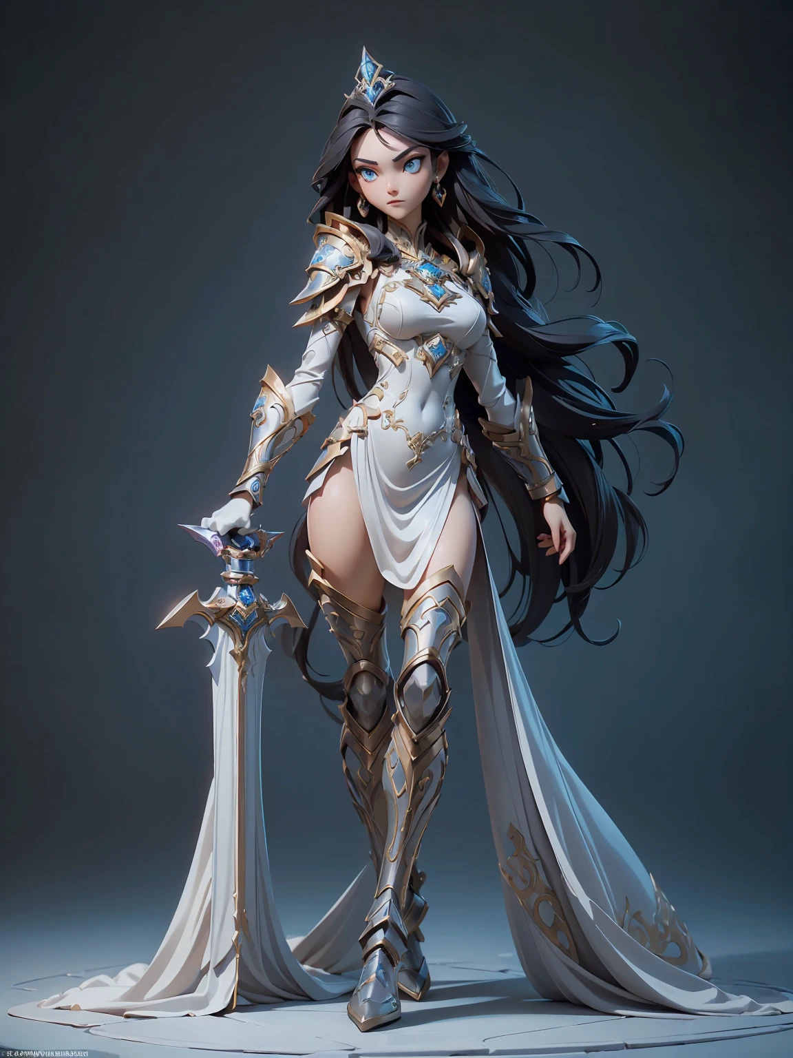 (((masterpiece, best quality, 16k))) Design a layout showcase Gaming character, (1girl). A breathtakingly beautiful young slender female Paladin with long tied, flowing, black hair and intense blue eyes , wearing an ornate godly, white gold armor(extremely detailed:1.2) , wielding an ornate mace and shield ((full body shot:1.4))
