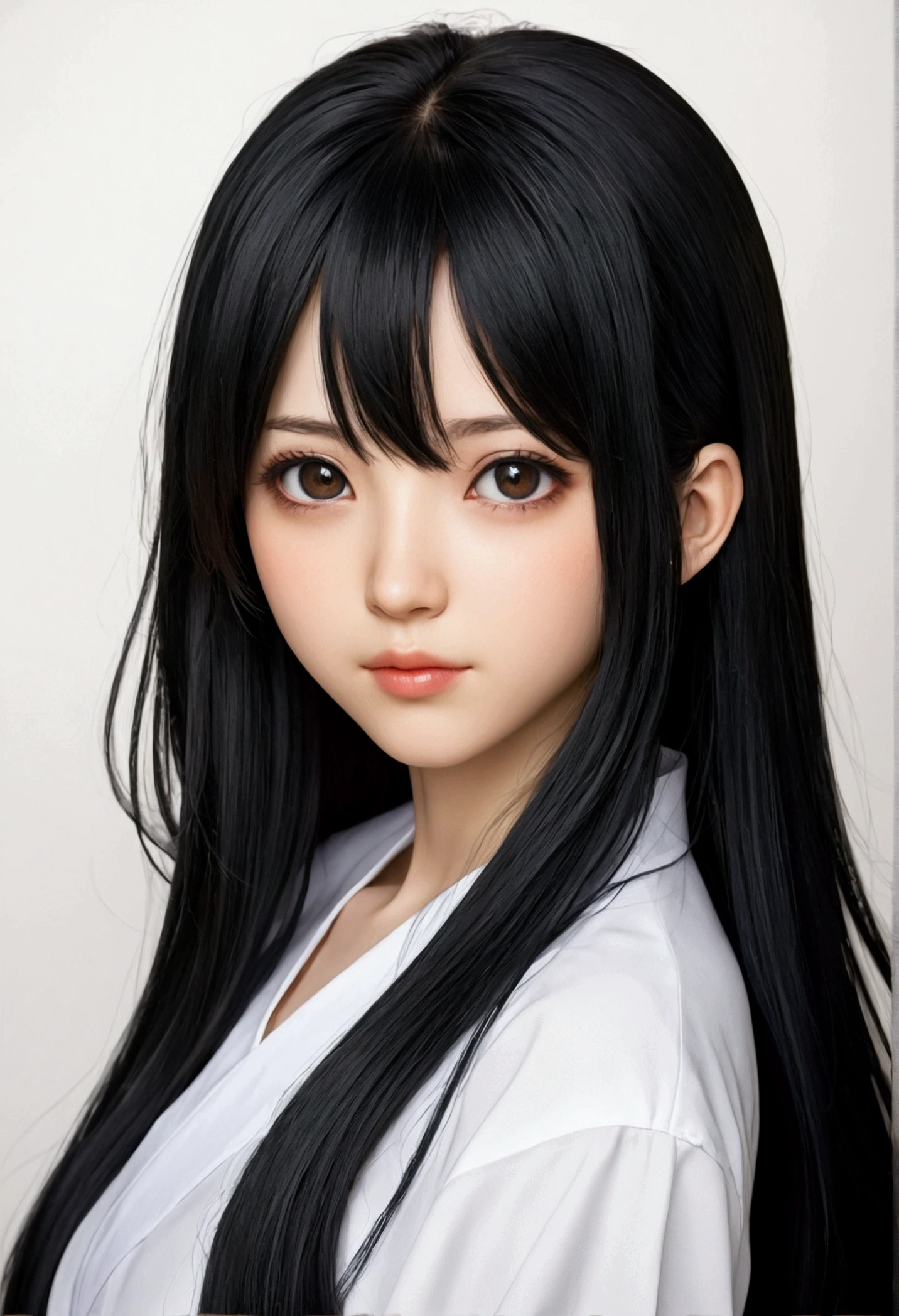make me a female character with a manga or anime theme with no background, the character has long black hair, beautiful black eyes, smooth and soft cheeks, and a typical Japanese , as well as an ideal body shape