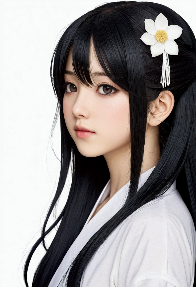 make me a female character with a manga or anime theme with no background, the character has long black hair, beautiful black eyes, smooth and soft cheeks, and a typical Japanese , as well as an ideal body shape