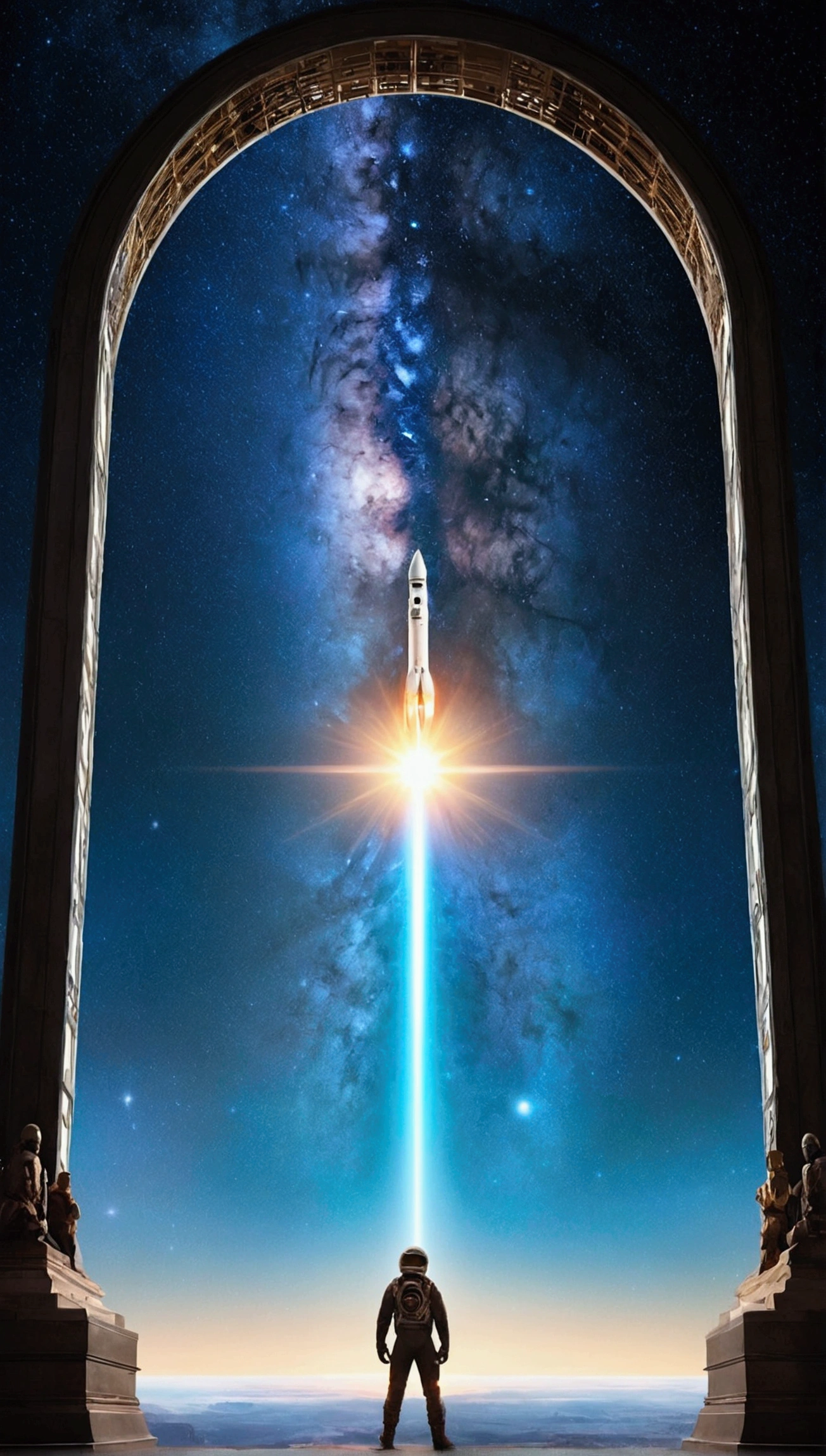 ((Masterpiece))，(Best quality))，Magnificent space image scene，heavenly body，Interstellar，Huge star gates，（（（Huge starship））），Spaceship，Shining starry sky，8K，super-fine，high qulity