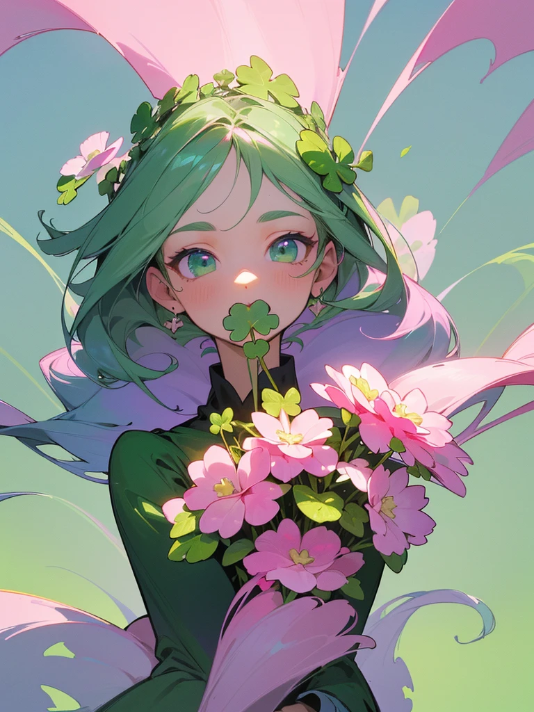 High-resolution RAW color artwork, animation, only four-leaf clover 🍀, (((Highly detailed elegant))), magical atmosphere, texture,(Exquisitely crafted, Written limit depth, silky to the touch, hyper detail, (blooming green), bright sky background, pink background with lilac , the room clover is alive, it has a face, mouth and eyes that are pink , There's a strong light around you ,and golden shine in the whole image that looks like stars