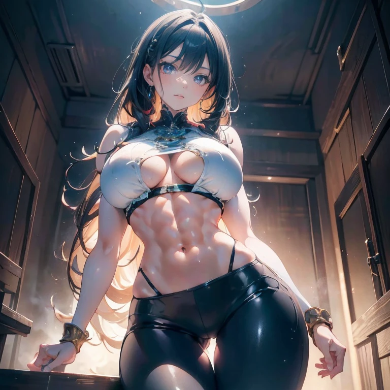 Anime Kawaii sexy Perfect Slim sensual body large breast and huge thighs, An intricate and highly detailed illustration of anime (Young girl).A beautiful girl with large breasts, toned abs, shy expression, wearing tight pants, muscular man, photorealistic, 8k, hyperdetailed, chiaroscuro lighting, cinematic composition, dramatic colors
