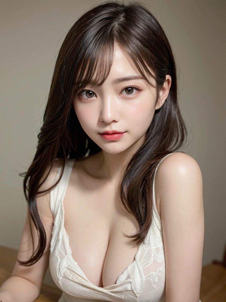 (masterpiece:1.3), (8k, Realistic, RAW Photos, Best image quality: 1.4), 20-year-old girl、(Random Hairstyles:1.2)、Highly detailed face、Attention to detail、double eyelid、Sharp focus:1.2、Beautiful woman:1.4、Light brown hair、Highest quality、masterpiece、Ultra-high resolution、(Realistic:1.4)、Highly detailed and professional lighting、Brown Knight、thin、smile、Long black hair、Deadly position、Beautiful Skin、Random Pause、Shiny Hair、Sculpture model pose、Exposed cleavage