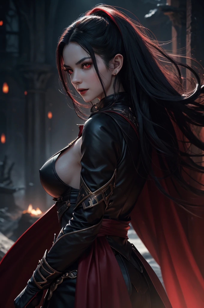 8k,vampire woman in the underworld,vampire demon slayer woman,Super beautiful(like the real thing),sharp red eyes(red glowing effect),pale skin(超realistic skin),vampire big fangs,pointed ears,Sexy costume,black cloak,lean muscular body,long white wavy hair,masterpiece,Photorealistic RAW photos of the highest quality。bright colors,rich colors, Backlight, cinematic lighting, film grain, to be born, 50mm lens, Nikon D850,realistic skin,fantasy art,character art,ultra high resolution,realistic scale skin,Perfect hand shape,view audience,dynamic action pose,fighting pose,sexly,