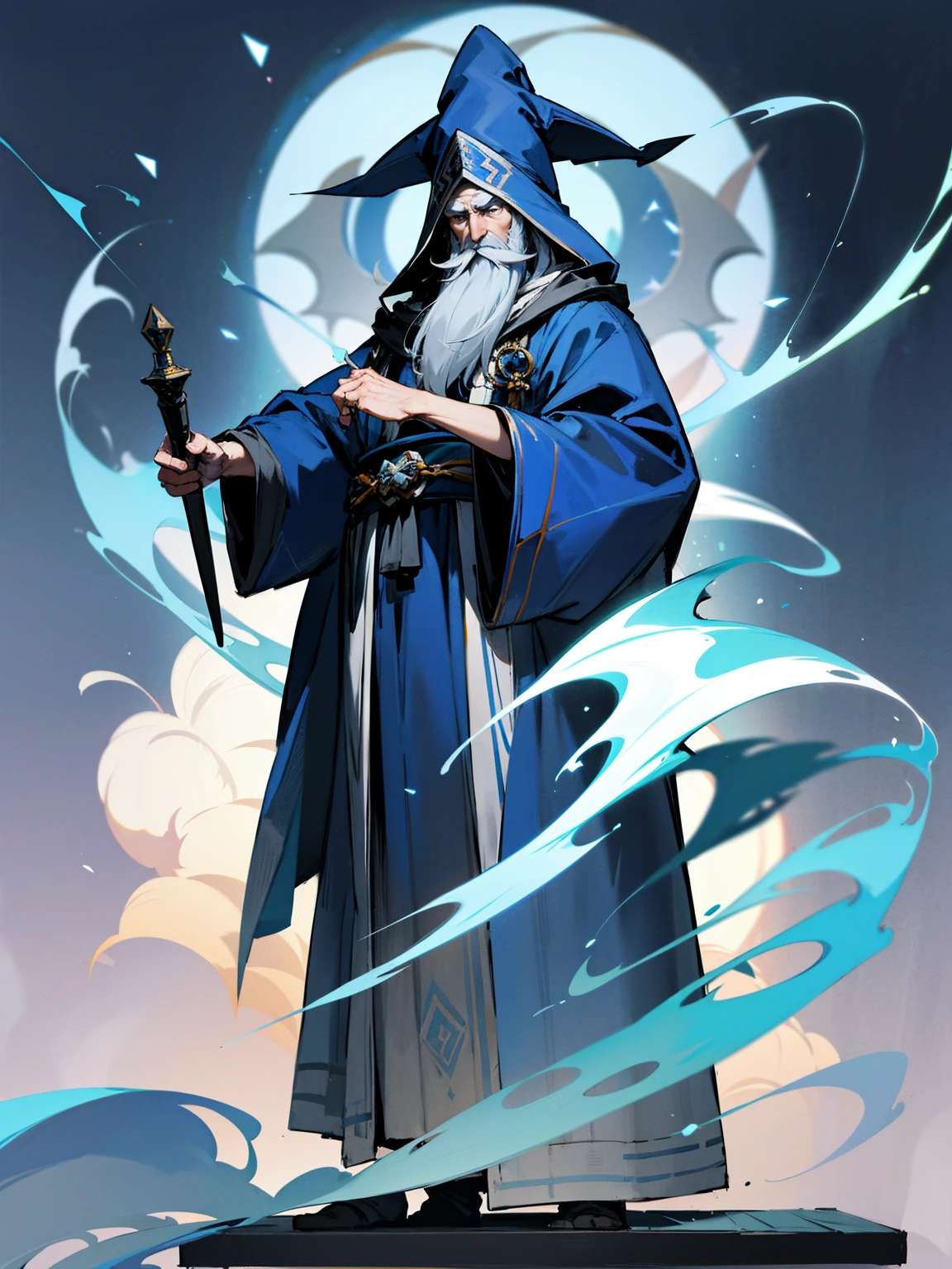 Older male, gray hair, wizard hat, long beard, blue robes, wise expression, standing on path