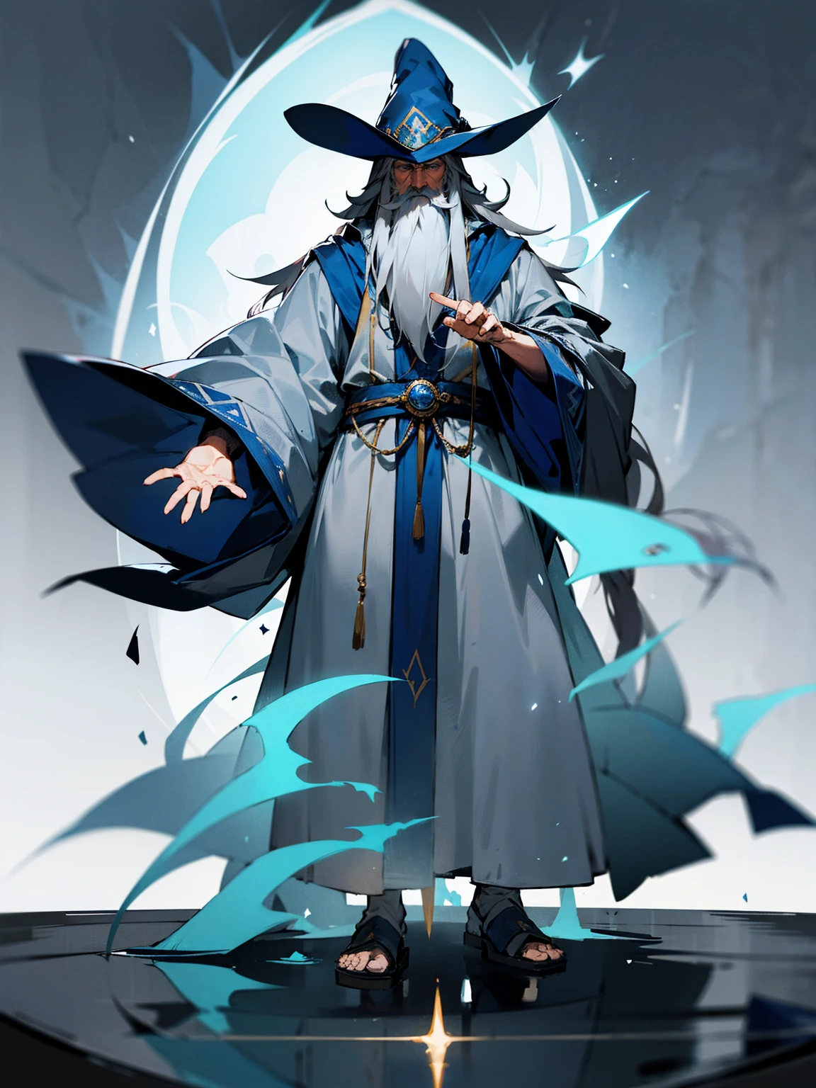 Older male, gray hair, wizard hat, long beard, blue robes, wise expression, standing on path