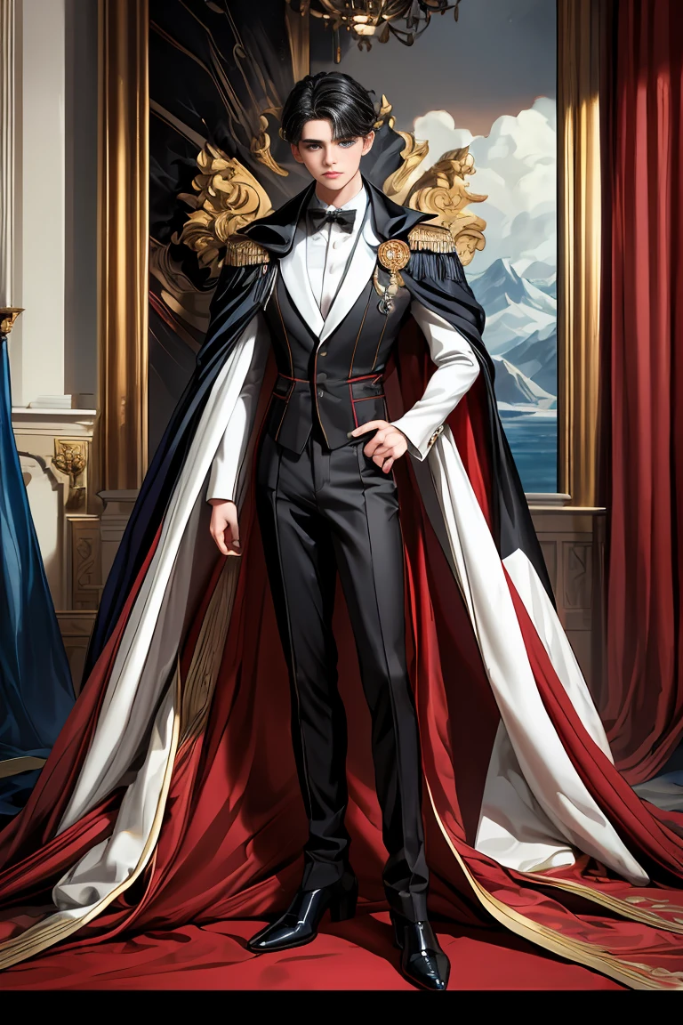 masterpiece, 最high quality, high quality, 1 boy, alone, Male focus, Watching the audience, Messy black hair, Adorable big blue eyes, White, Noble, Noble,A sexy, voluminous, puffy cape、tuxedo、A very voluminous, large, very large, very large, long, long red and black cape with a high stand-up collar, made of a lot of fabric that reaches down to the floor., ,Cute beautiful boys,Cute, cute, kind, handsome guy