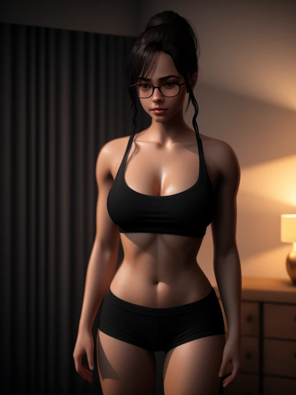 A shy 18 year old girl, fair skin, short black hair, black eyes, red glasses, shinobi outfit, mid-thigh shorts, full body pose, insecure, shy expression, detailed facial features, (best quality,8k,highres,masterpiece:1.2),ultra-detailed,(realistic,photorealistic,photo-realistic:1.37),cinematic lighting,dramatic lighting,intricate details,highly detailed,vibrant colors,sharp focus,3d render,hyper realistic,volumetric lighting,studio quality
