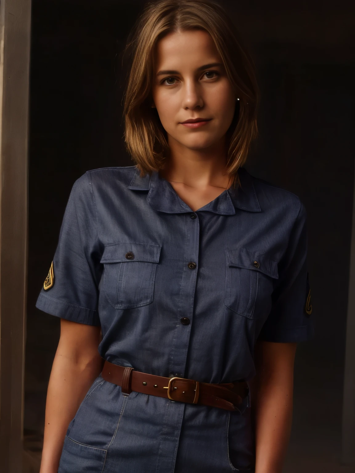 portrait: (Front focus), (In the dark: 1.6), a surrealist portrait of a slender slightly smiling seductive blond woman in deep shadow. The scene features one girl with long blond hair, styled neatly and cascading down. She wears an official uniform, the details of which are accentuated by the focused light that softly illuminates her figure against the darkness, highlighting the contrast between the bright strands of her hair and the shadowed surroundings. The overall composition is mysterious and subtle, creating a sense of intrigue and depth. Put in the image: buttons, badges, epaulets, collar, cuffs, belt, uniform fabric, insignia, medals, patches, stitching details, uniform folds, subtle texture, shoulder pads, illuminated hair, hair strands, hair shine, shadow gradients, dim background, leather boots, brass buckles, gloves, belt loops, polished surfaces, metallic accents, soft lighting, dramatic contrast, facial features, makeup, neutral expression, high collar, pressed uniform, shadows on face, silhouette, minimal background elements, dark tones, soft focus, light reflections, dim ambient light, uniform pockets, structured garment, crisp lines, dark eyes, uniform color, subdued hues, subtle highlights, clean edges, tailored fit, uniform creases, visual depth, muted colors.