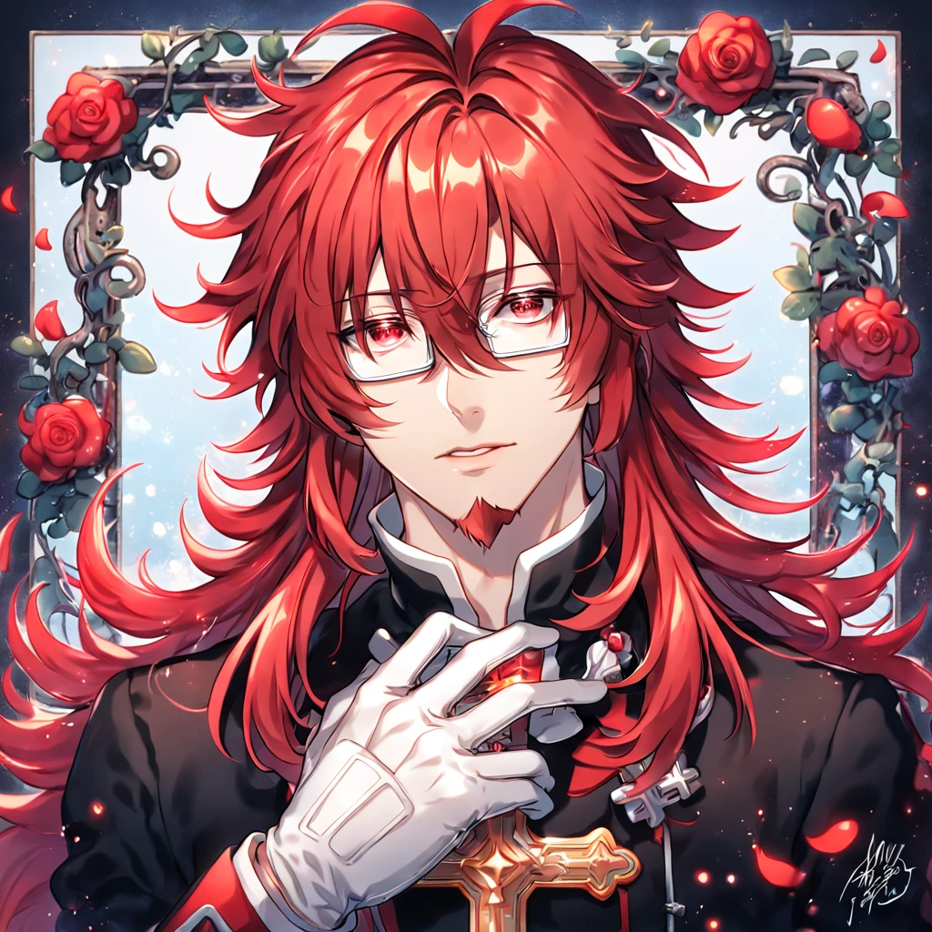 absurdres, highres, ultra detailed, HDR, master piece, Marian Cross, red hair, long hair, messy hair, red goatee, expressive red eyes, rectangular glasses, black coat, white gloves, D.Gray-man, sexy man, handsome, best quality, red glittering crescent moon, red flowers, fantasy, magical, solo, water, red shining fireflies, red petals, sensual, horny, manly man, cross