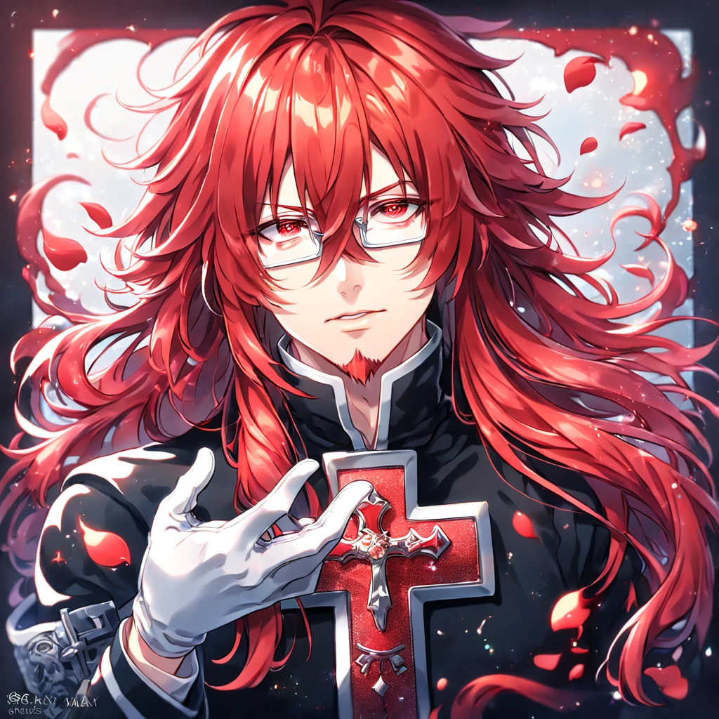 absurdres, highres, ultra detailed, HDR, master piece, best quality, extremely detailed, Marian Cross, red hair, long hair, hair between the eyes, messy hair, expressive red eyes, D.Gray-man, rectangle glasses, red goatee, solo, sexy man, handsome, sensual, black clothes, white gloves, magical, fantasy, red water, red roses, shining, red petals, red glittering fireflies