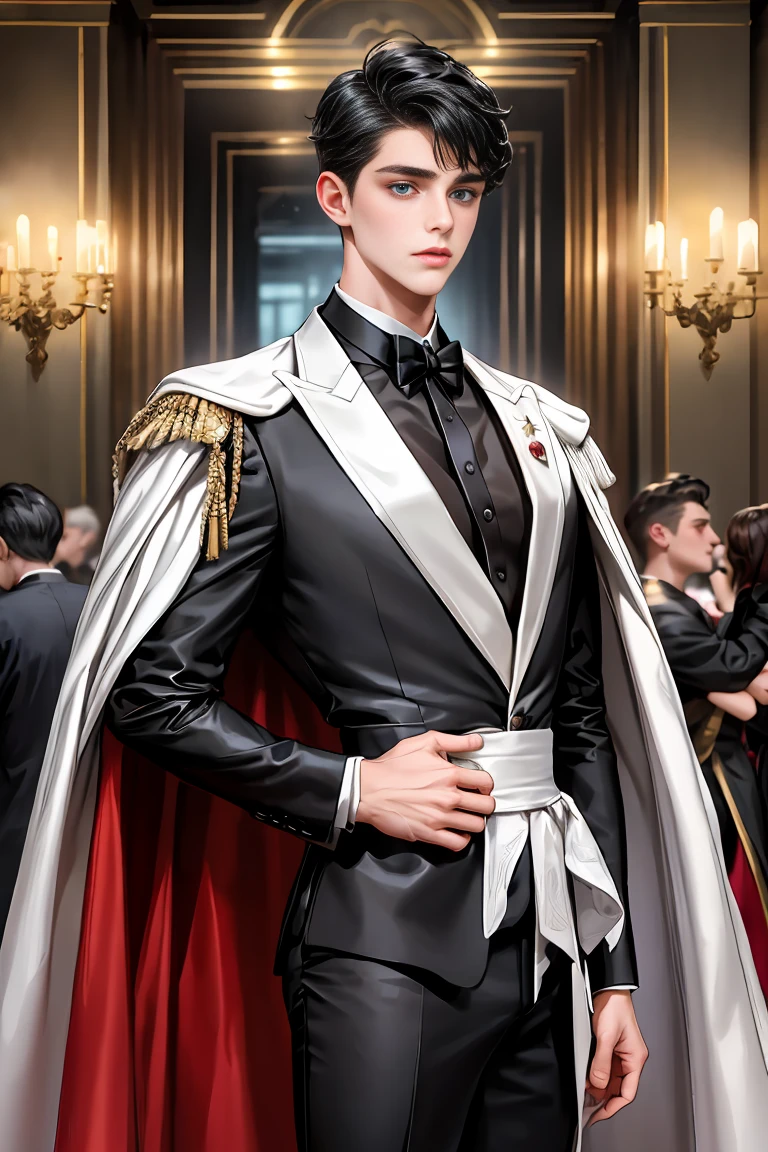 
masterpiece, 最high quality, high quality, 1 boy, alone, Male focus, Watching the audience,  Messy black hair, Adorable big blue eyes, White, Noble, Noble,A sexy, voluminous, puffy cape、tuxedo、A very voluminous, large, very large, very large, long, long red and black cape with a high stand-up collar, made of a lot of fabric that reaches down to the floor., 17 years old,Cute beautiful boys,Cute, cute, kind, handsome guy