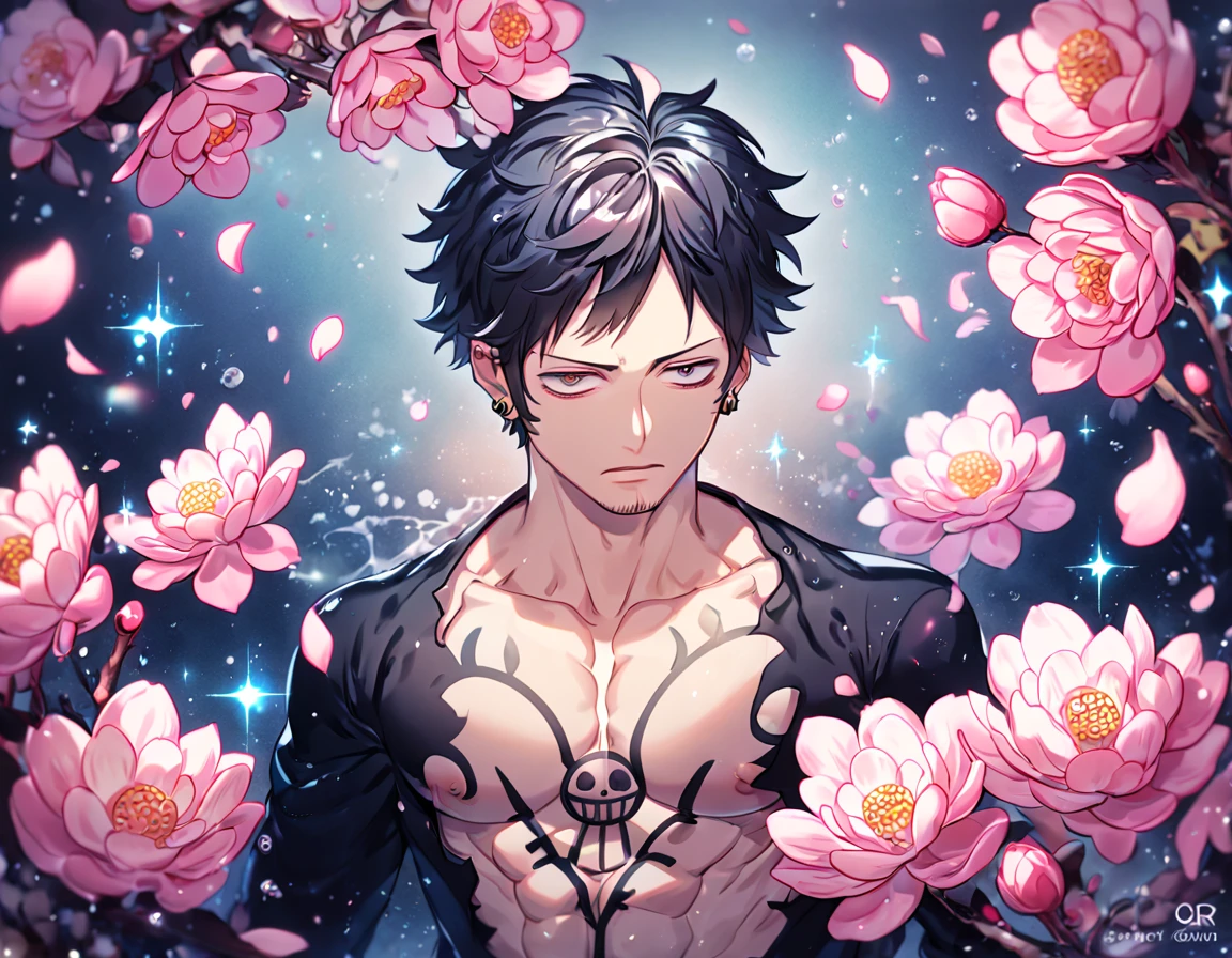 absurdres, highres, ultra detailed, HDR, master piece, Trafalgar Law, black hair, expressive gray eyes, stubble, black coat, toned chest, One Piece, sexy man, handsome, solo, best quality, blossoms, pink petals, pink flowers, fantasy, magical, blue shining fireflies, water, sensual,