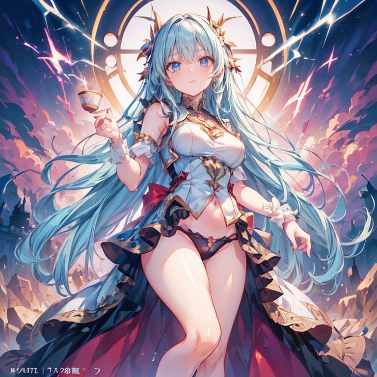 Anime Kawaii sexy Perfect Slim sensual body large breast and huge thighs, An intricate and highly detailed illustration of anime (Young girl). 最high qualiy、best quality image、work of art、adolescent((20 years old、 Becoming、vest bust、medium bust,wide open chest tea、glare eyes, hair light blue、long hair、fine tune,higher valley、hypdertailed、Monster arm、monster leg arm、struggling pose)),high qualiy、linda arte、fund((spark、em chamas、red lighting))、voo、debris flies、Written limit depth、film、visual artwork、Perfect artwork、8k,genuine、