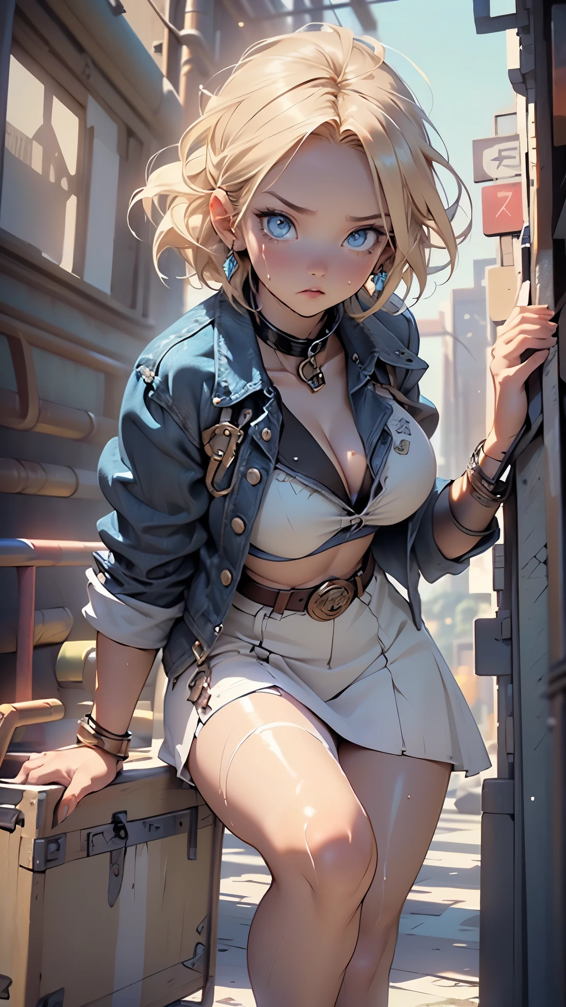 (((Android-18 from Dragon Ball Z))),Android 18,girl,(((1girl))),
(large breasts:1.4),saggy breasts,(((very straight short blonde hair,))),(((blue_eyes:1.3))),intricate eyes,beautiful detailed eyes,symmetrical eyes,big eyes:1.3,((fat)),(((lustrous skin:1.5,bright skin: 1.5,skin tanned,shiny skin,very shiny skin,shiny body,plastic glitter skin,exaggerated shiny skin,illuminated skin,wet legs))),(spider lower abdomen,narrow waist,wide hip,athletic body,inflated legs, thick thighs,detailed body,(detailed face)),big ass, thick thighs, slim curves, good anatomy,thick legs,
cute,slutty,seductive,erotic,(nsfw),stern facial expression,frown
((wearing a blue denim jacket and a shirt cropped white, open denim jacket,open clothes,open jacket,cleavage,collar bone,crop top)),((long sleeves,white sleeves,striped sleeves)),(midriff,navel),belt,(((blue jean skirt lifted,blue skirt,miniskirt))),,earring,
(dynamic pose:1.0),solo focus,,(centered,scale to fit dimensions,Rule of thirds),
((steampunk,industrial revolution)),scenery:1.25,((intricate scenery)),((steampunk, background)),
(Glossy steampunk ornaments),highres,sharp focus,(ultra detailed,extremely detailed),(photorealistic artwork:1.37),(extremely detailed CG unity 8k wallpaper),(((vibrant colors,vibrant theme))),(intricate),(masterpiece),(best quality),artistic photography,(photography taken by sldr),(intricate background),perfect rendered face,perfect face details,realistic face,photo realistic,((intricate detail)),(((realism))),