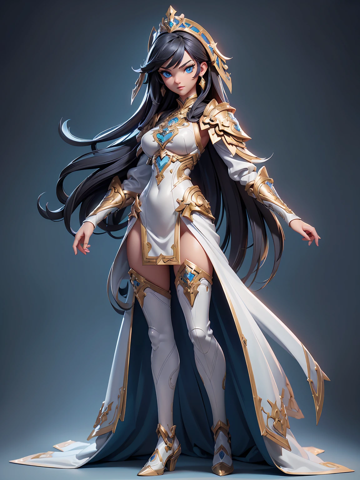 (((masterpiece, best quality, 16k))) Design a layout showcase Gaming character, (1girl). A breathtakingly beautiful young slender female Paladin with long tied, flowing, black hair and intense blue eyes , wearing an ornate godly, white gold armor(extremely detailed:1.2) ,((full body shot:1.4))
