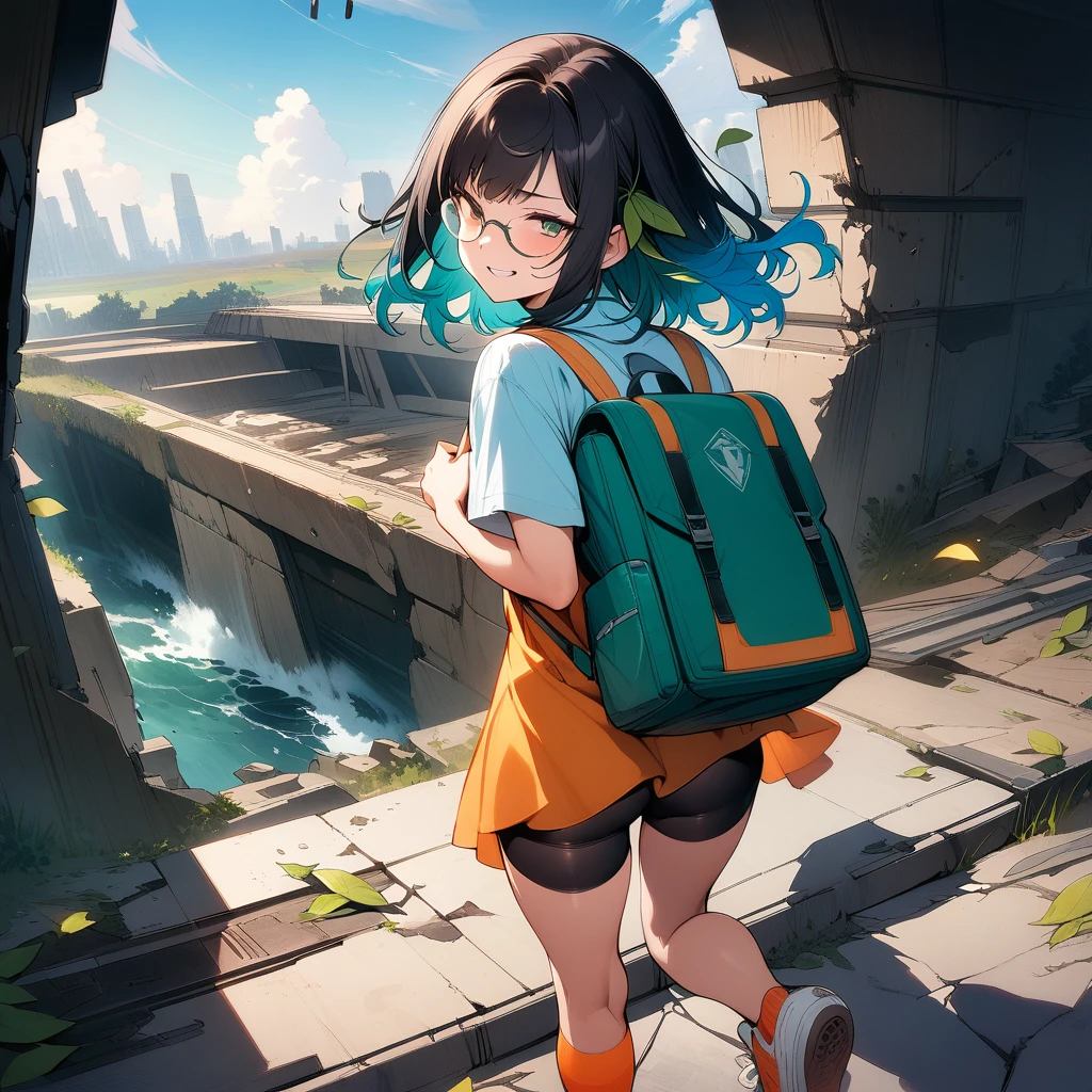 (masterpiece),(best quality),very aesthetic,(ultra-detailed),(super-fine illustration),vibrant colors,high saturation,Collapsed civilization,nsfw,1girl,25yo,slender,tall,medium hair,black hair,natural wave hair,flipped hair,dark green eyes,comfortable,smirk,grin,glasses,(straw hat with leaf color ribbon),carrying a aqua blue rucksack, (thigh-high parka dress with gradient earth color,black bike shorts),short sleeves,Sneaker Shoes,short orange socks,broken wristwatch,Abandoned station platform,Broken concrete ground,running,summer,panorama,back shot,wind