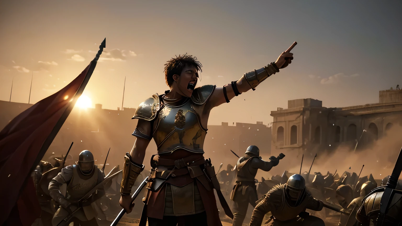A warrior is celebrating the victory of a battle, raising his sword high and shouting in triumph. He is covered in dust and bloodstains, with an expression of exultation and relief on his face. The background is a devastated battlefield, with bodies and debris scattered around. The setting sun casts a golden glow over the scene, highlighting the warrior’s proud and triumphant demeanor. The atmosphere is one of celebration and achievement after the intense fight