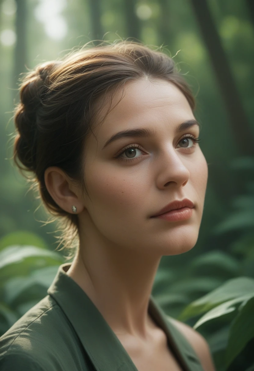 Woman, A cinematic close-up portrait of a woman embodying the essence of an ancient druid made of bark, living concealed in the greenery of a forgotten forest. The artwork should exude incredible details inspired by the styles of Artgerm and Rafael Lacoste. The image should capture the 35mm film aesthetic with a bokeh effect, maintaining a professional quality, 4k resolution, and an emphasis on extreme intricacy.