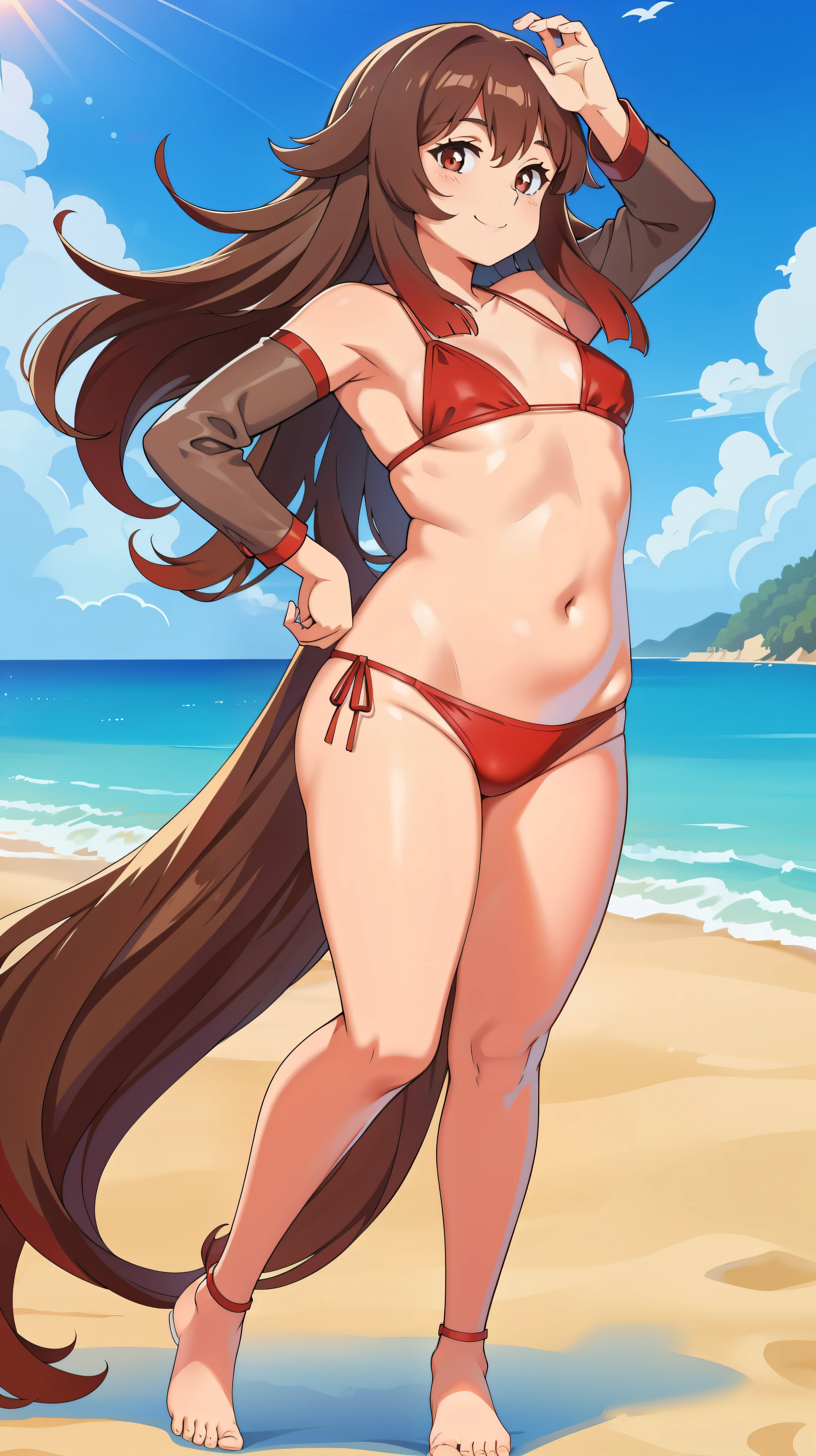 Very long brown hair, Full body, cute pose, looking at viewer, Hi Tao, red bikini, beach, smiling, standing, full body, tiny breasts, flat chest, (flat chest:1.0), shore