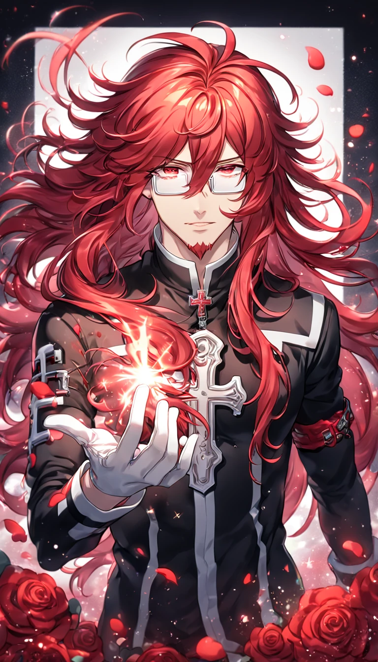 absurdres, highres, ultra detailed, HDR, master piece, best quality, extremely detailed, Marian Cross, red hair, long hair, hair between the eyes, messy hair, expressive red eyes, D.Gray-man, rectangle glasses, red goatee, solo, sexy man, handsome, sensual, black clothes, white gloves, magical, fantasy, red water, red roses, shining, red petals, red glittering fireflies