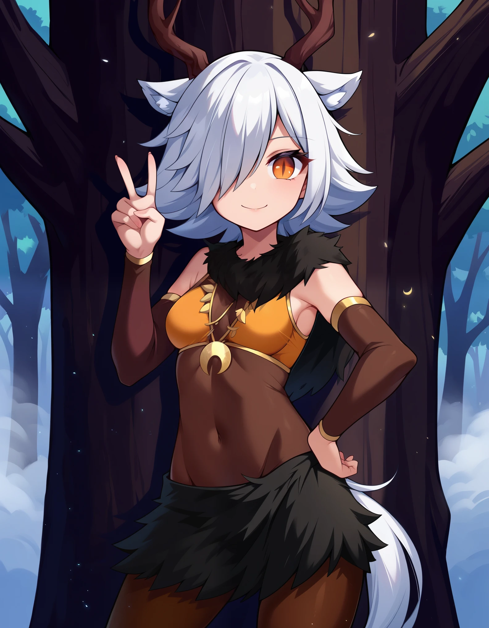 1girl,solo,deer girl,antlers,white hair,animal ears,tail,hair over one eye,orange eyes,slit pupils,crescent moon necklace,fur capelet,brown shirt,yellow bikini top,fur skirt,brown legwear,detached sleeves,
forest,outdoors,bare tree,fog,
looking at viewer,smile,hand up,v,hand on own hip,standing,back against tree,, score_9, score_8_up, score_7_up, perfect anatomy, source_anime, zPDXL2,