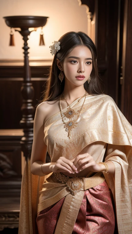 (RAW photos:1.2), (realistic:1.4), (Masterpiece:1.3), (best quality:1.4), Ultra high resolution, (Detailed eyes), (Detailed facial features), (Detailed clothing features), HDR, 8K resolution, focus only, Dressing according to Thai tradition, Traditional shawl , 1 woman , big breasts, A gigantic rift, big breastsดันเสื้อผ้า, big breast, Breasts are fully grown., Make your breasts bigger.., small waist, Long legs, Facing the audience, full body, depth of field, Cinema-grade lighting system, big breasts, big breastsที่ไม่สามารถปกปิดได้หมด