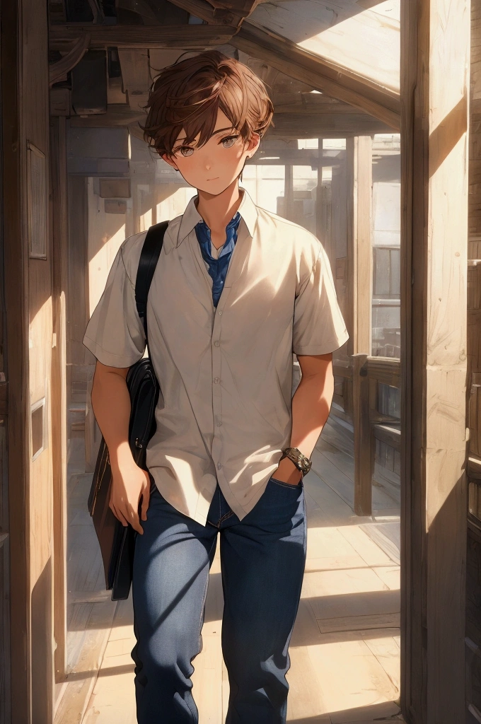 (artistry, best qualityer, ultradetailed, high resolution, 4K),(beautiful detailed eyes),(very highly detailed face),HDR, A beautiful 16 year old boy, brown colored hair, brown colored eyes, wearing a white short-sleeved shirt with a blue collar and blue jeans, walks alone down the school hallway, holding your books. Some colleagues laugh and whisper as they see him pass by.