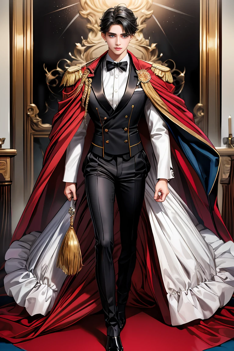 masterpiece, 最high quality, high quality, 1 boy, alone, Male focus, Watching the audience, Messy black hair, Adorable big blue eyes, White, Noble, Noble,A sexy, voluminous, puffy cape、tuxedo、A very voluminous, large, very large, very large, long, long red and black cape with a high stand-up collar, made of a lot of fabric that reaches down to the floor., 17 years old,Cute beautiful boys,Cute, cute, kind, handsome guy