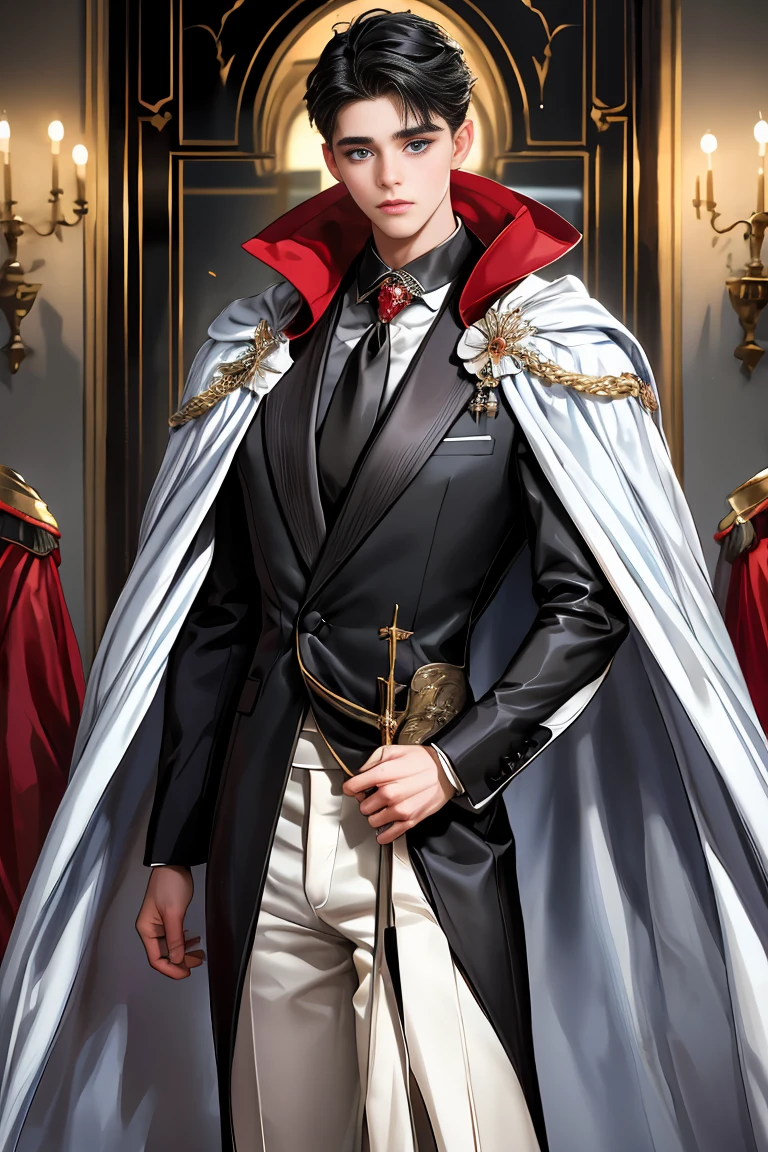 masterpiece, 最high quality, high quality, 1 boy, alone, Male focus, Watching the audience, Messy black hair, Adorable big blue eyes, White, Noble, Noble,A sexy, voluminous, puffy cape、tuxedo、A very voluminous, large, very large, very large, long, long red and black cape with a high stand-up collar, made of a lot of fabric that reaches down to the floor., 17 years old,Cute beautiful boys,Cute, cute, kind, handsome guy