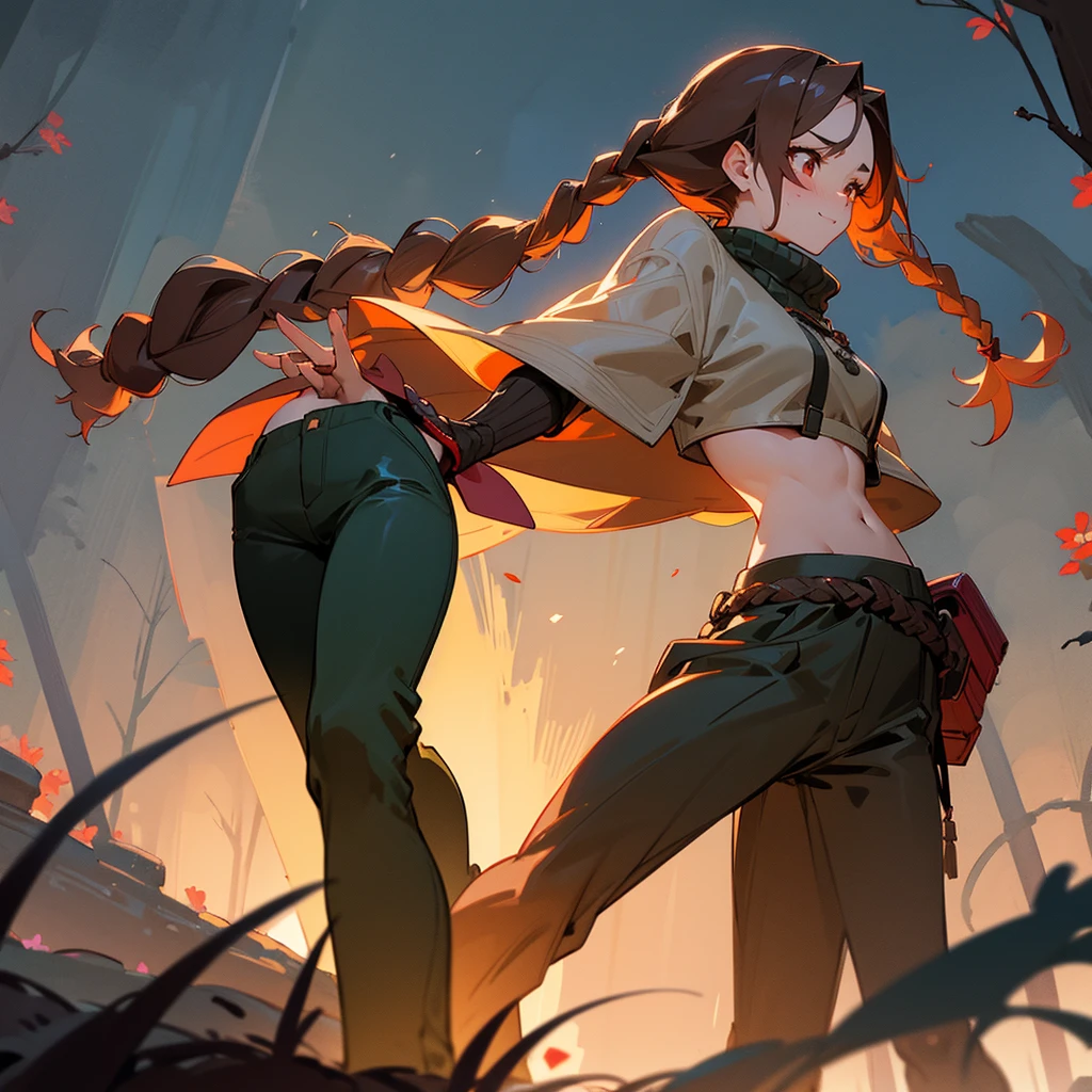 1female, sexy, young , finely detailed red eyes, wild long hair, braided hair, brown color hair, adventurer gear, crop top sweater, baggy combat pants, night time, dark forest, excited expression, flowers, blushing, standing on path, lanturns