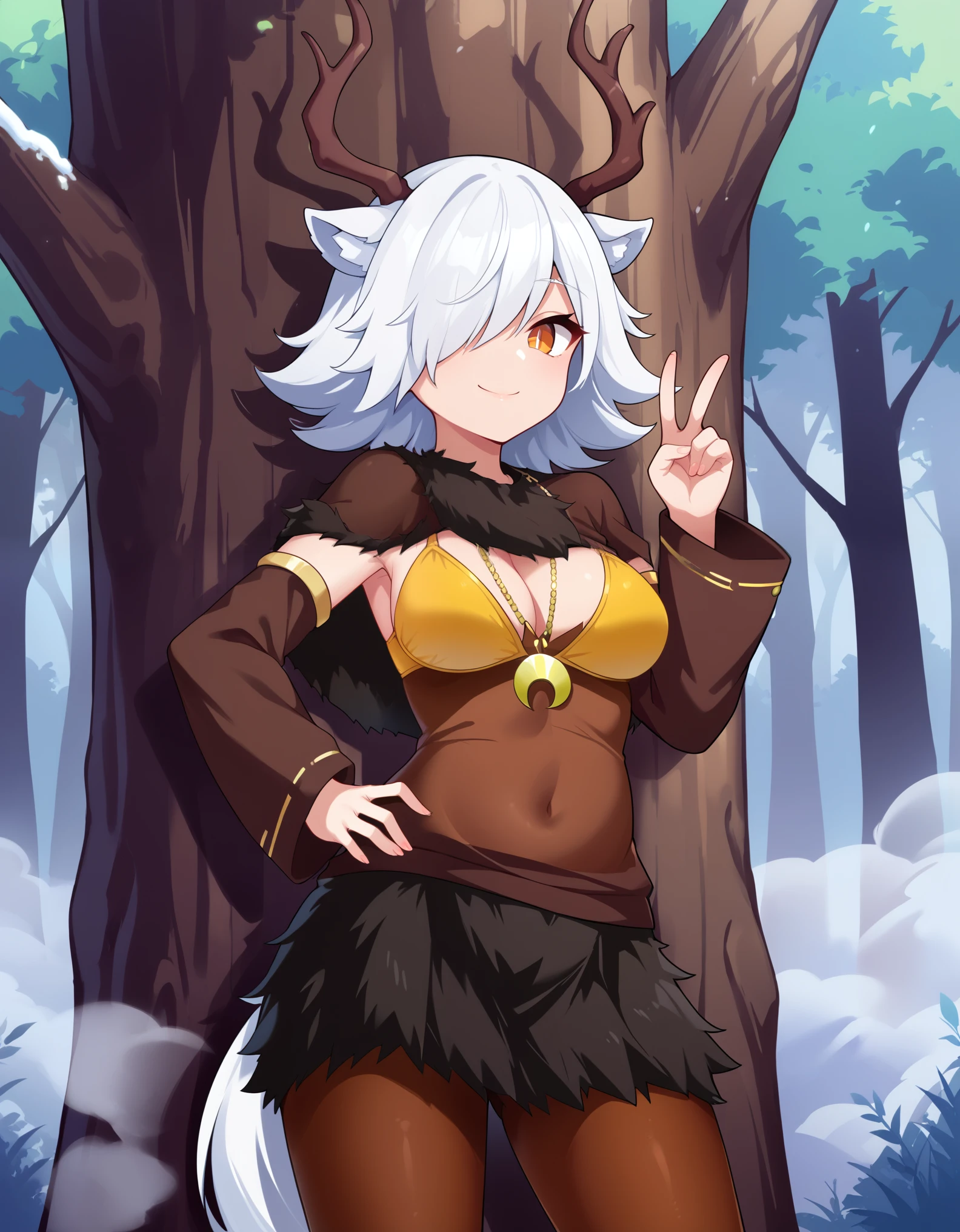 1girl,solo,deer girl,antlers,white hair,animal ears,tail,hair over one eye,orange eyes,slit pupils,crescent moon necklace,fur capelet,brown shirt,yellow bikini top,fur skirt,brown legwear,detached sleeves,
forest,outdoors,bare tree,fog,
looking at viewer,smile,hand up,v,hand on own hip,standing,back against tree,, score_9, score_8_up, score_7_up, perfect anatomy, source_anime, zPDXL2,