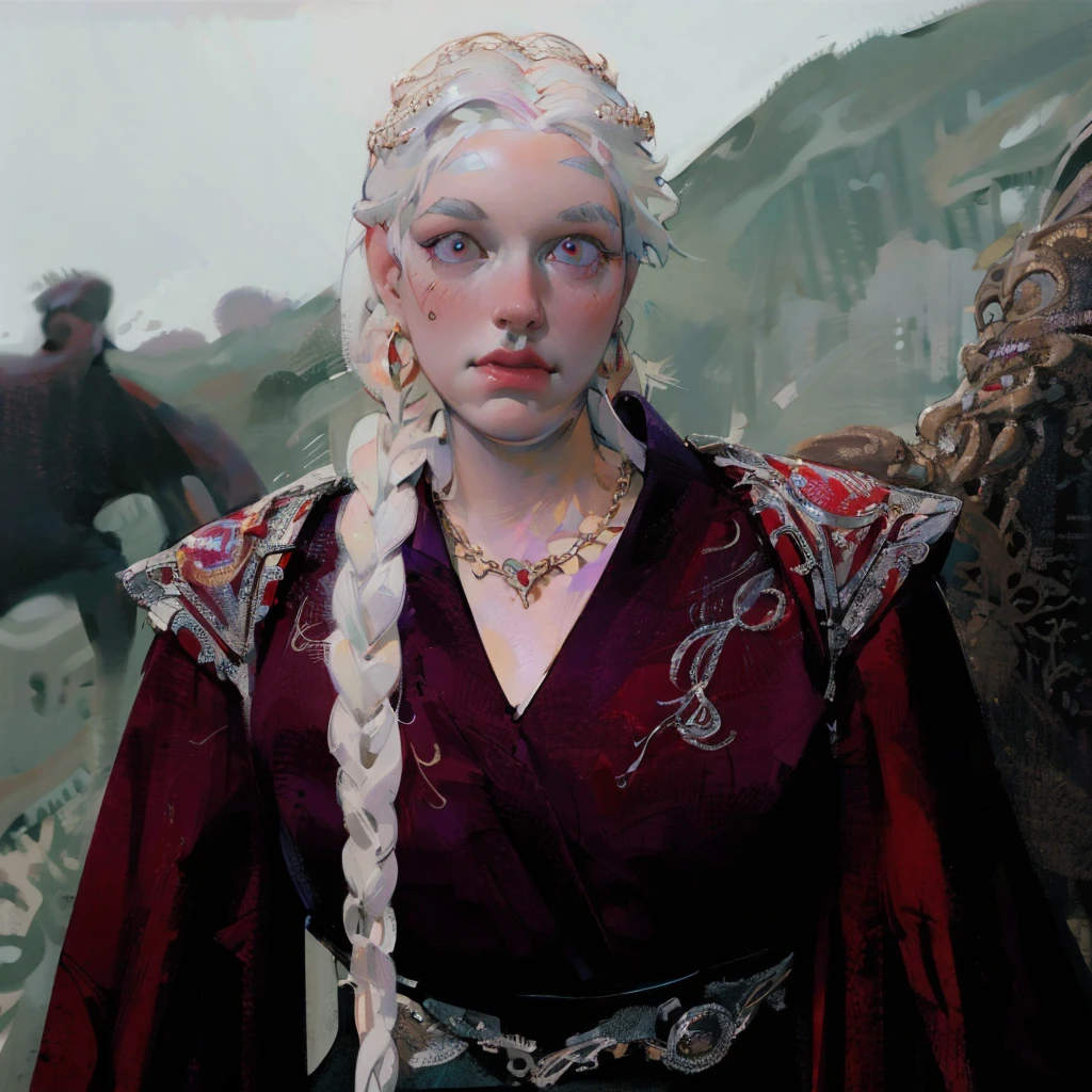 Portrait of proud beautiful albino woman with detailed braided medieval hairstyle (white hair), wearing detailed medieval gown (red and black colours), with gold accessories and gold tiara, medieval queen, medieval woman,queen,game of thrones style,daenerys targaryen style, high quality, very detailed,hd quality, masterpiece,(purple eye colour)