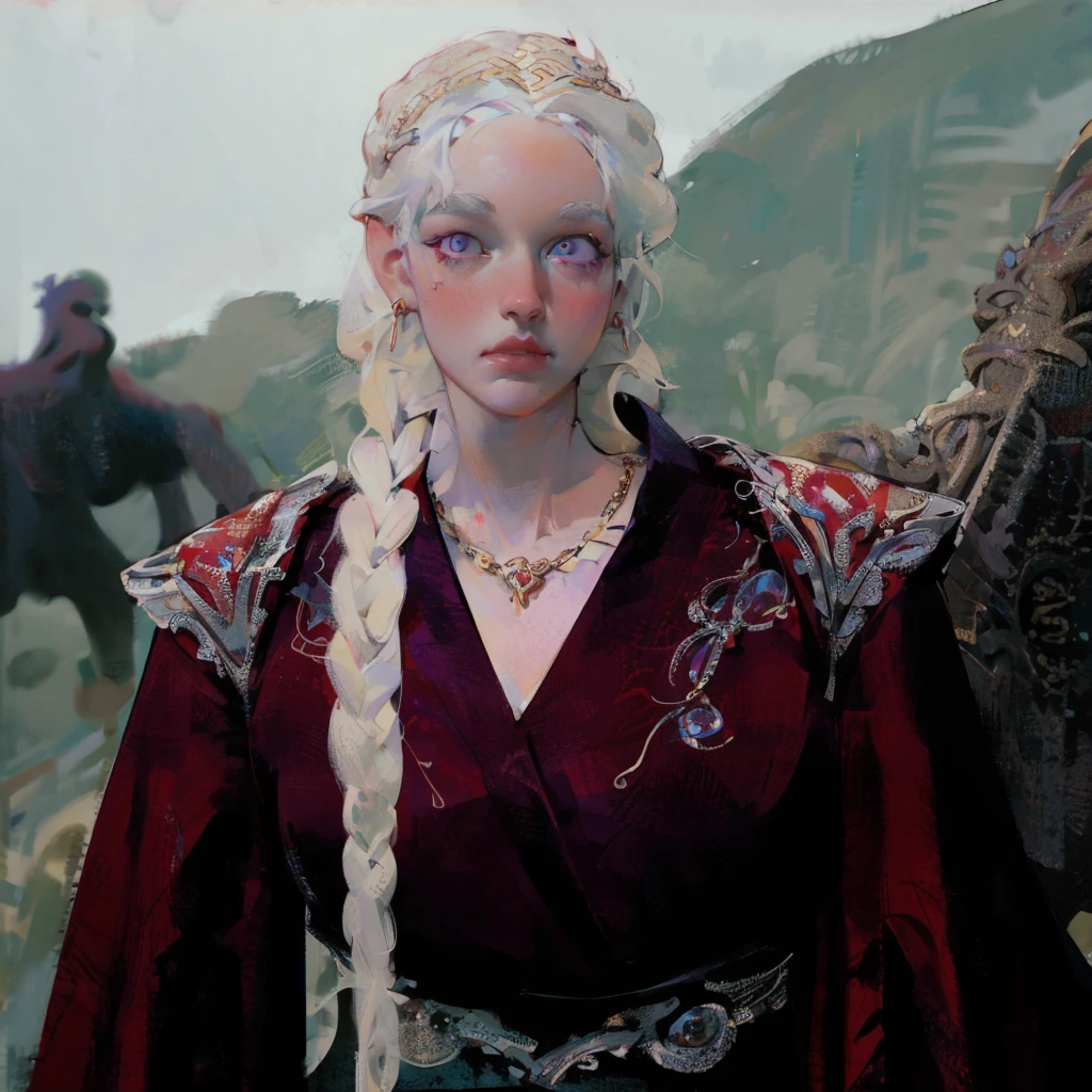 Portrait of proud beautiful albino woman with detailed braided medieval hairstyle (white hair), wearing detailed medieval gown (red and black colours), with gold accessories and gold tiara, medieval queen, medieval woman,queen,game of thrones style,daenerys targaryen style, high quality, very detailed,hd quality, masterpiece,(purple eye colour)