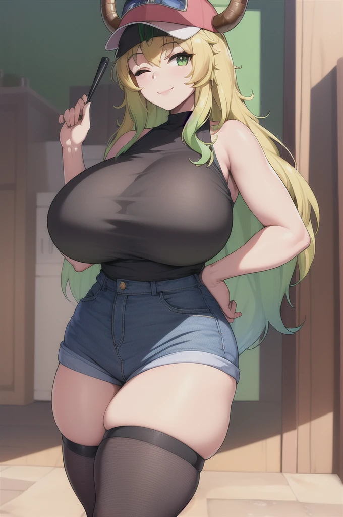 (Best Quality:1.2), 1 girl, (masterpiece:1.2), ray tracing, ultra detailed,detailed face, 8K Wallpaper, narrow waist, Wide hips, smile, exterior, LucoaDragónMucama_NDV, 1 girl, multicolor fur, by rubio, huge breasts, by the wide, horns, denim shorts, sleeveless, black thighs, multicolored eyes, baseball cap,  (green eyes, one eye closed:1.2)