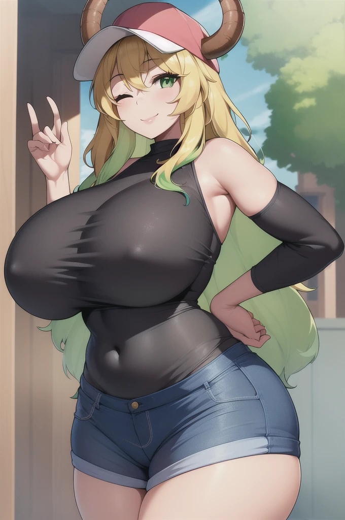 (Best Quality:1.2), 1 girl, (masterpiece:1.2), ray tracing, ultra detailed,detailed face, 8K Wallpaper, narrow waist, Wide hips, smile, exterior, LucoaDragónMucama_NDV, 1 girl, multicolor fur, by rubio, huge breasts, by the wide, horns, denim shorts, sleeveless, black thighs, multicolored eyes, baseball cap, (green eyes, one eye closed:1.2)