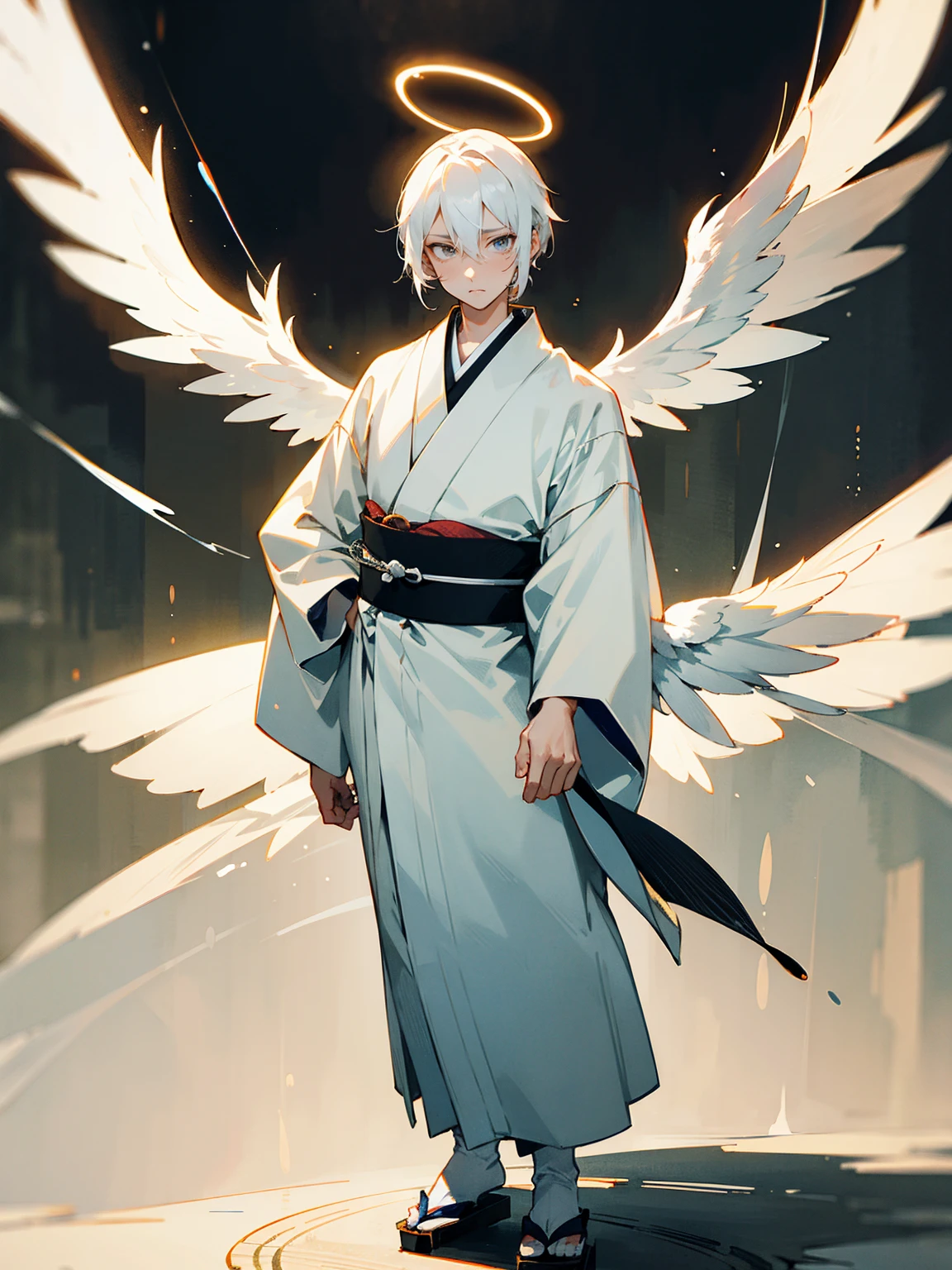 Young male, white hair, halo, wings, traditional kimono, serious expression, standing on path