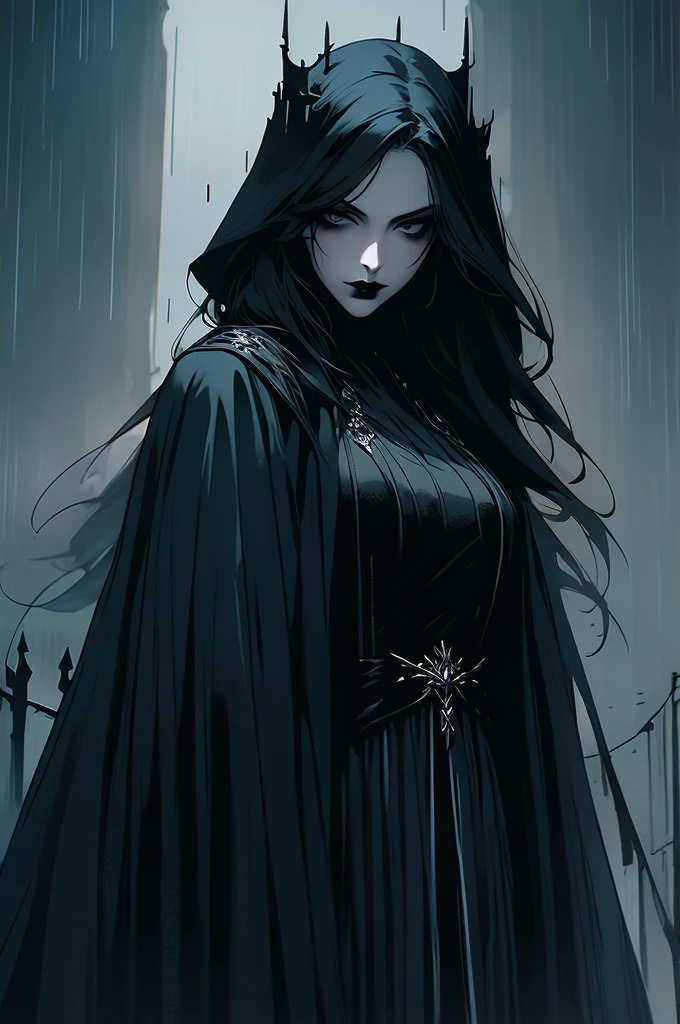 Attractive female with pale skin silver eyes, black lipstick, She has raven black ragged hair, wearing a thin robe like cloak, in a dark Field with a castle behind her, and a raven is flying next to her at night in the rain. dark fantasy art, gothic,