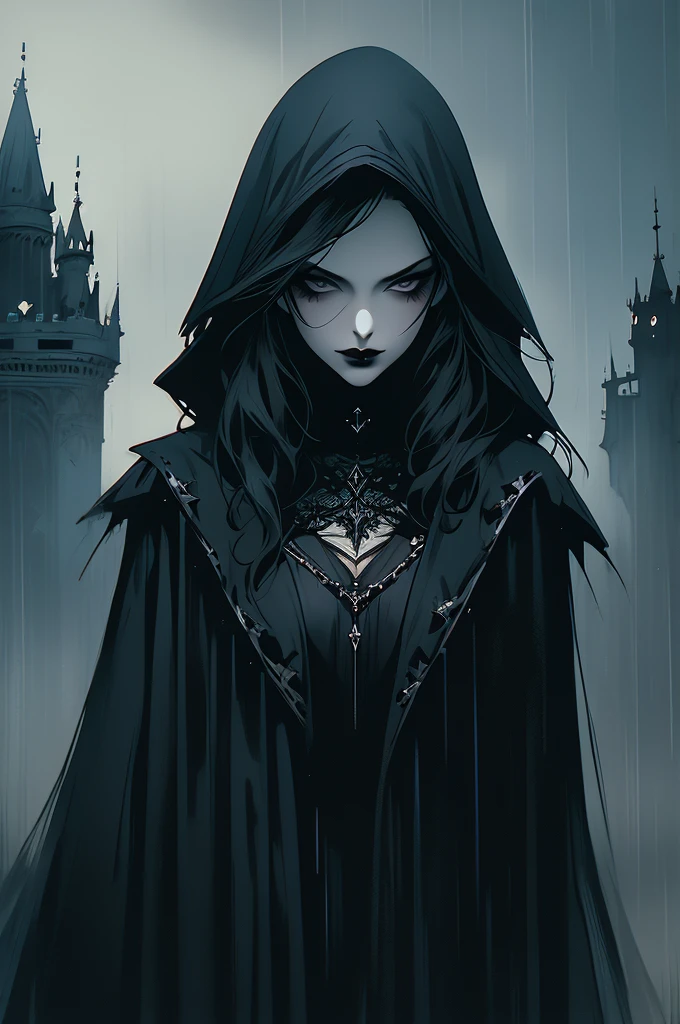 Attractive female with pale skin silver eyes, black lipstick, She has raven black ragged hair, wearing a thin robe like cloak, in a dark Field with a castle behind her, and a raven is flying next to her at night in the rain. dark fantasy art, gothic,