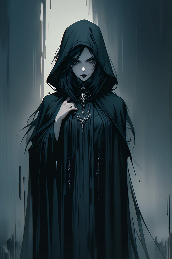 Attractive female with pale skin silver eyes, black lipstick, She has raven black ragged hair, wearing a thin robe like cloak, in a dark Field with a castle behind her, and a raven is flying next to her at night in the rain. dark fantasy art, gothic,