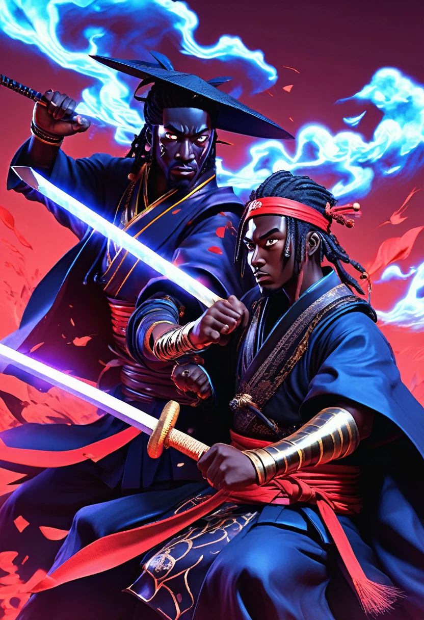 Digital artwork featuring two black men samurai anime characters with dark, mysterious aesthetic. Fighting each other, epic cinematic brutal fight. The characters have dark skin and blue eyes, partially obscured by a high-collared black cloak with blue cloud patterns. They wear a headband with a metallic plate displaying a symbol, and a traditional straw hat. The background is filled with dark, flying crows, adding to the ominous atmosphere. The overall color palette is muted, with shades of black, grey, and red dominating the action scene.