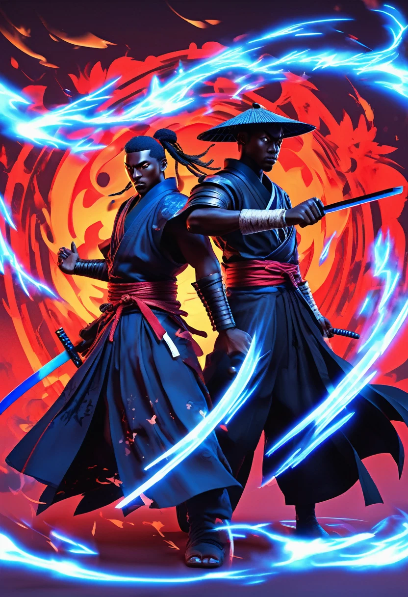 Digital artwork featuring two black men samurai anime characters with dark, mysterious aesthetic. Fighting each other, epic cinematic brutal fight. The characters have dark skin and blue eyes, partially obscured by a high-collared black cloak with blue cloud patterns. They wear a headband with a metallic plate displaying a symbol, and a traditional straw hat. The background is filled with dark, flying crows, adding to the ominous atmosphere. The overall color palette is muted, with shades of black, grey, and red dominating the action scene.