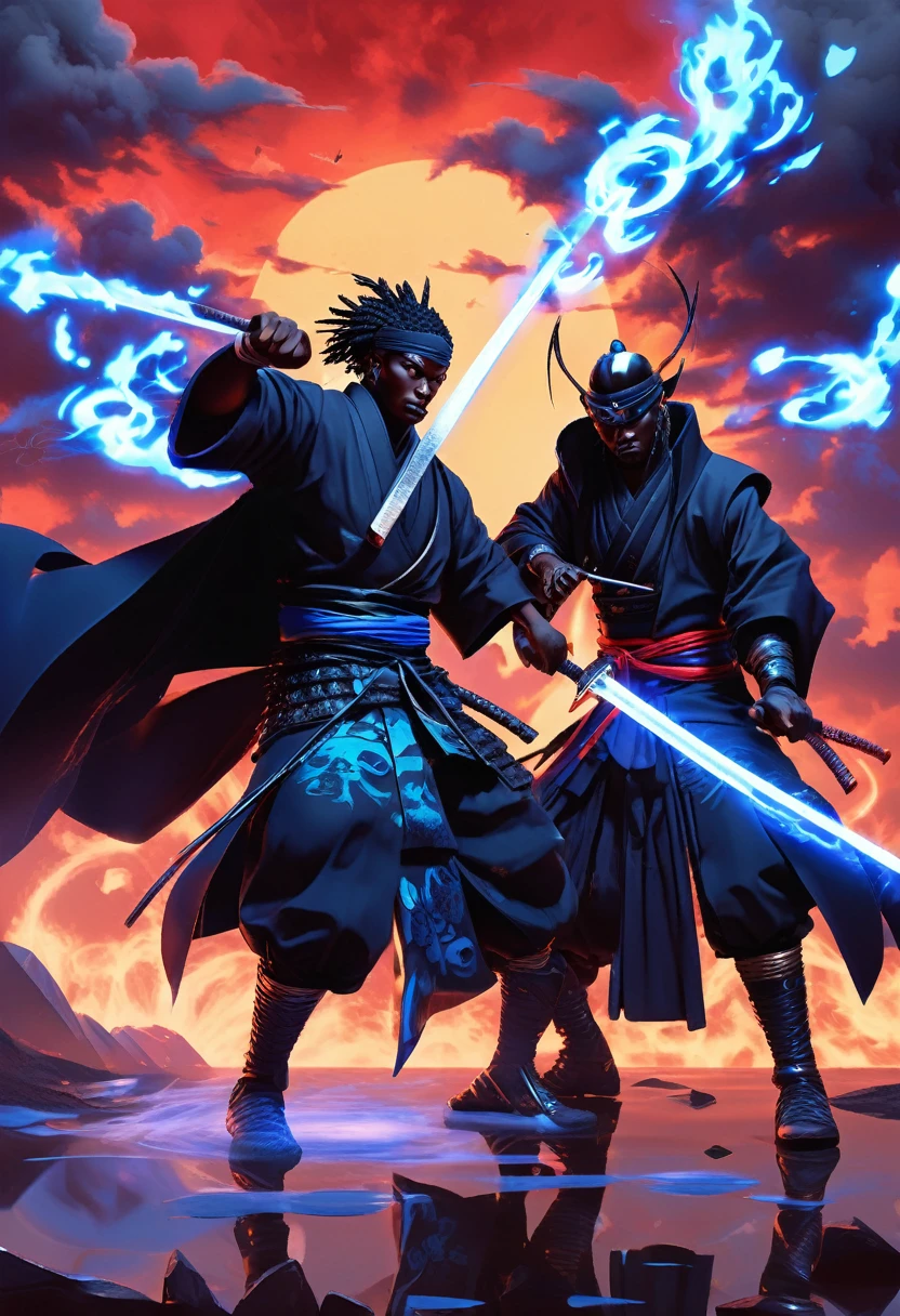 Digital artwork featuring two black men samurai anime characters with dark, mysterious aesthetic. Fighting each other, epic cinematic brutal fight. The characters have dark skin and blue eyes, partially obscured by a high-collared black cloak with blue cloud patterns. They wear a headband with a metallic plate displaying a symbol, and a traditional straw hat. The background is filled with dark, flying crows, adding to the ominous atmosphere. The overall color palette is muted, with shades of black, grey, and red dominating the action scene.