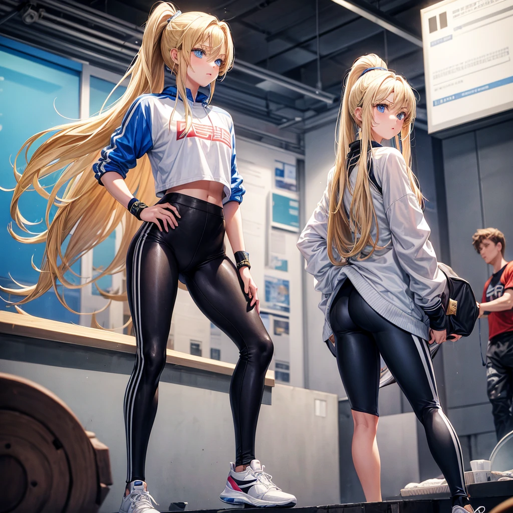 girl, blonde hair, blue eyes, long hair, medium chest, black leggins, sports BH, sneakers, ponytail, leaning on a lance, nsfw, one person