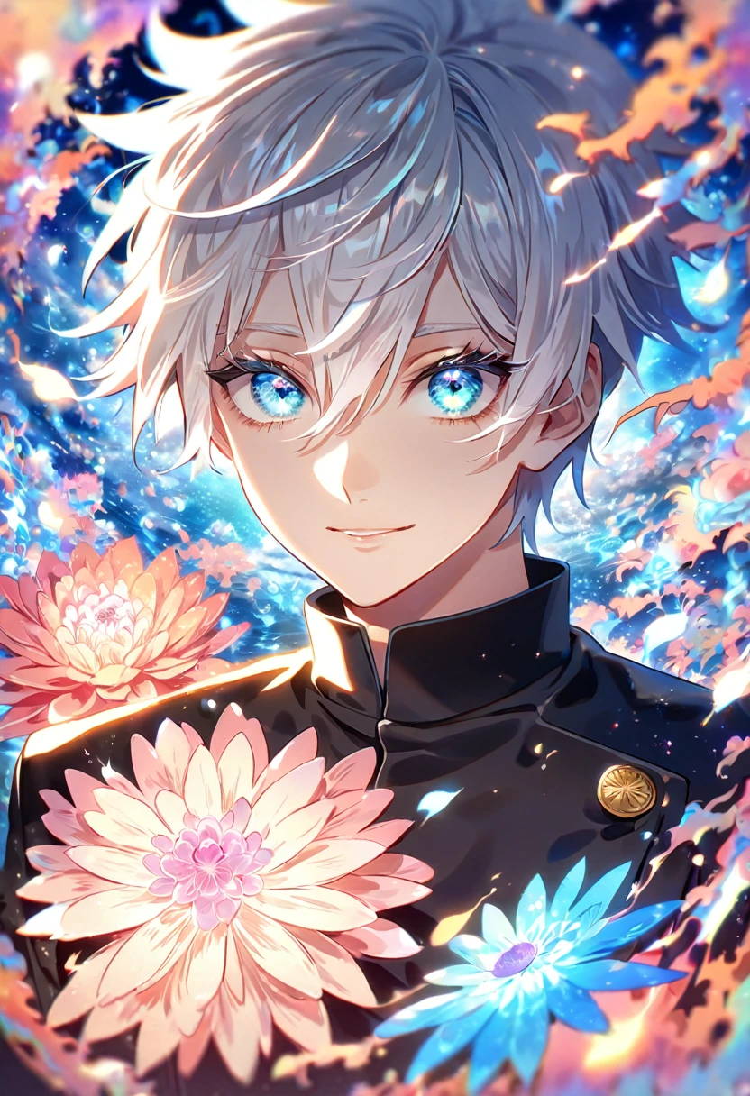 Absurd, High resolution, Super detailed, High resolution, masterpiece, Satoru Gojo, Satoru Gojo,White hair with bangs, White eyelashes,Very delicate and beautiful face, Beautiful eyes in every detail, Expressive blue eyes, Aquamarine Eyes, ,Hair between the eyes, Black jacket,Black Shirt, JUJUTSU KAİSEN, male, good looking, Highest quality, Beautiful attention to detail, blue Moon, Flowers, Fantasy, Magic, Magicオーラ, alone, water,waterしぶき,  Blue glowing fireflies,flower, flowerびら, JUJUTSU KAİSEN uniform, Dynamic pose,good looking smile, water彩画と油絵の融合, Psychedelic world,Sparkling, Anime style digital art,Beautiful anime portraits,Vibrant colors,Perfect lighting, Sharp focus